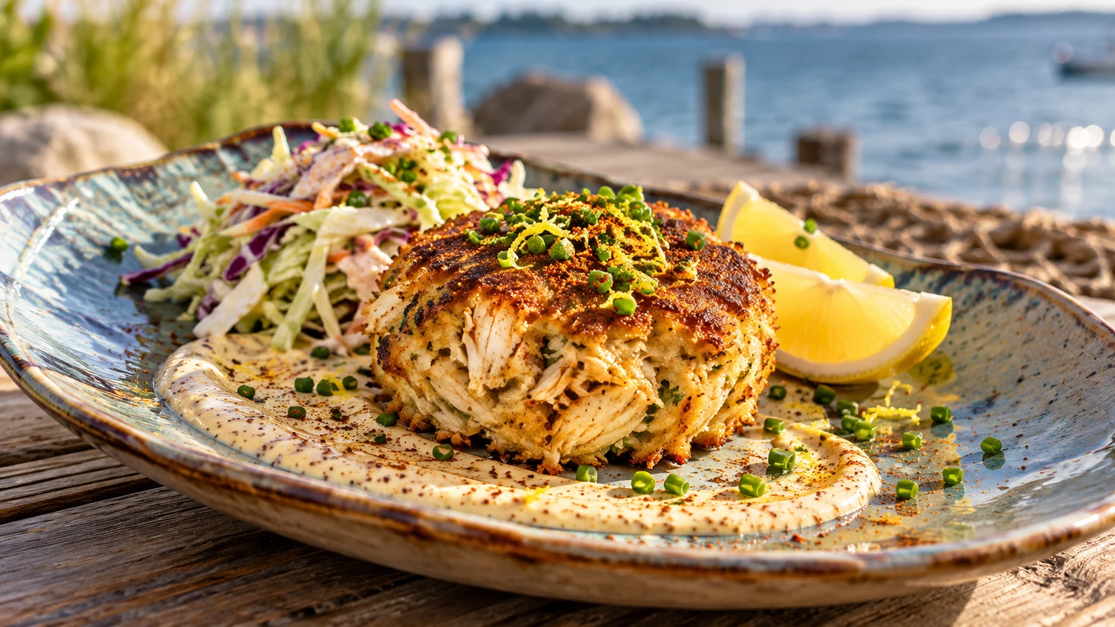 Crab cake sauce served with a golden crab cake, crisp coleslaw, chives, and lemon wedges.