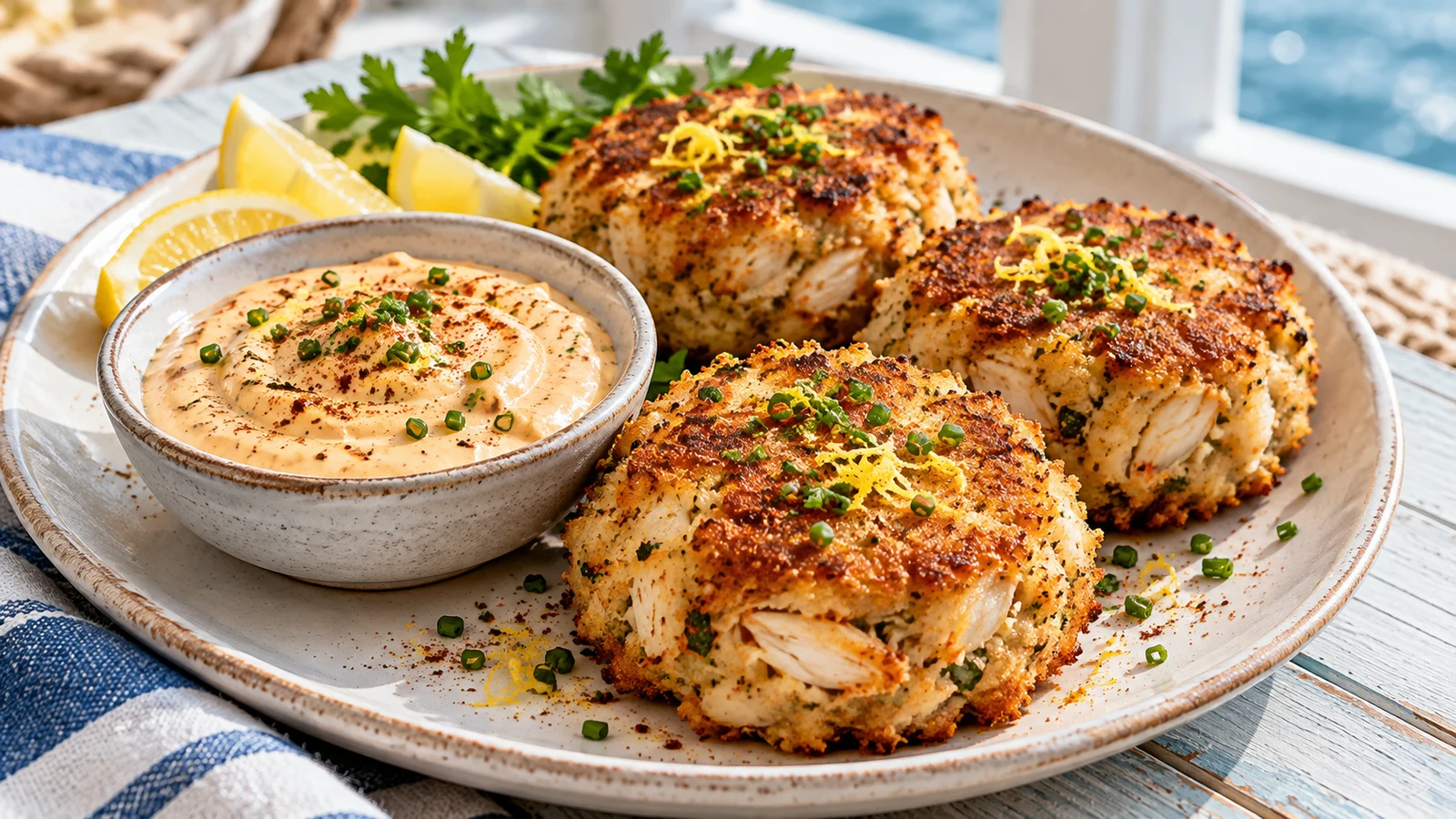 Crab cake sauce in a ceramic bowl beside golden-brown crab cakes with chives and lemon zest.