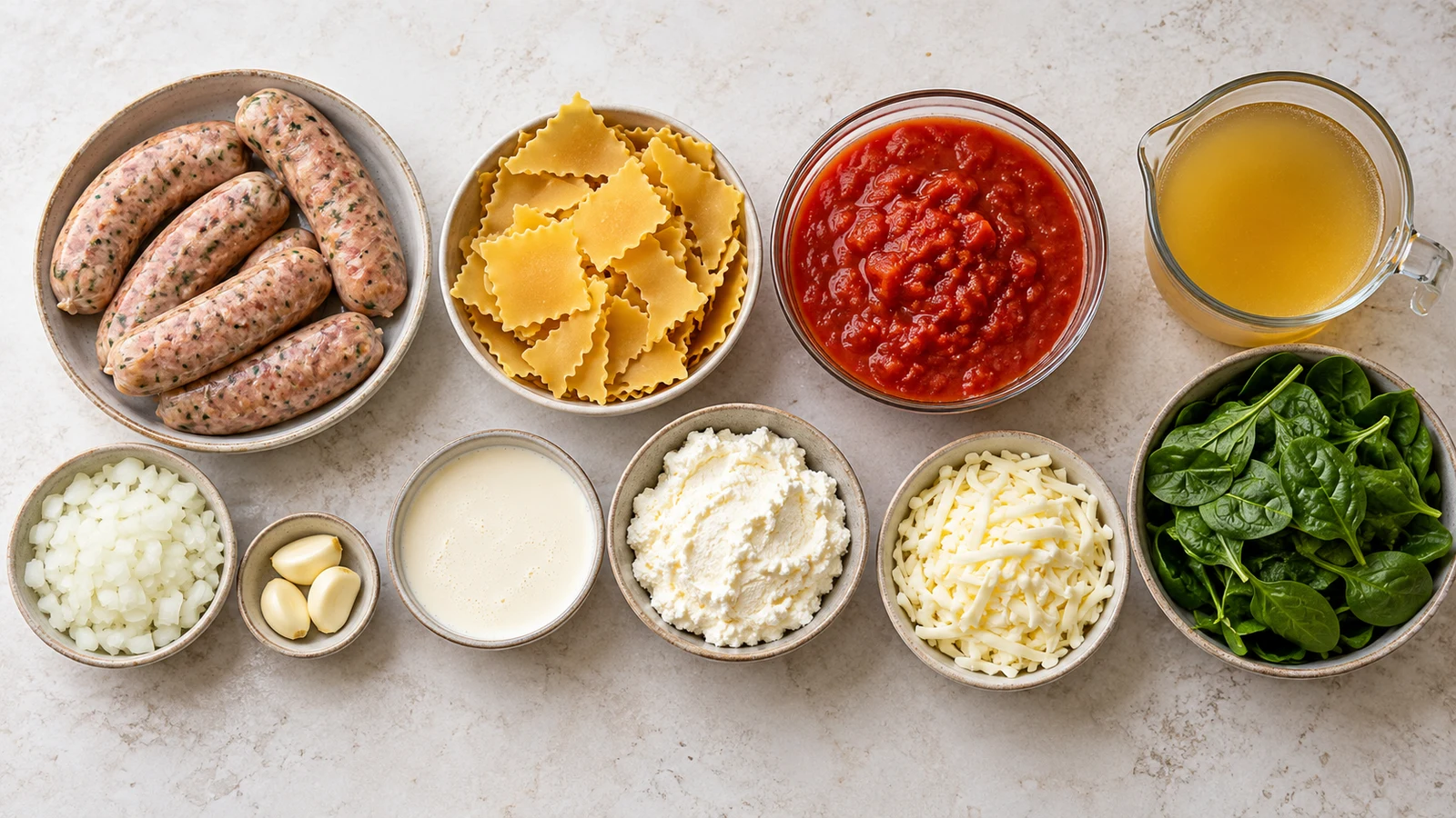 Creamy lasagna soup recipe: ingredients for creamy lasagna soup arranged in bowls with noodles, sausage, tomatoes, cheeses and spinach.