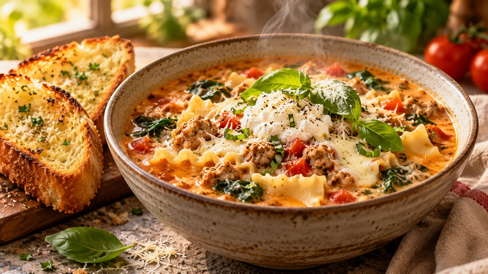 Creamy lasagna soup topped with basil and Parmesan, served as an individual portion with golden garlic bread.