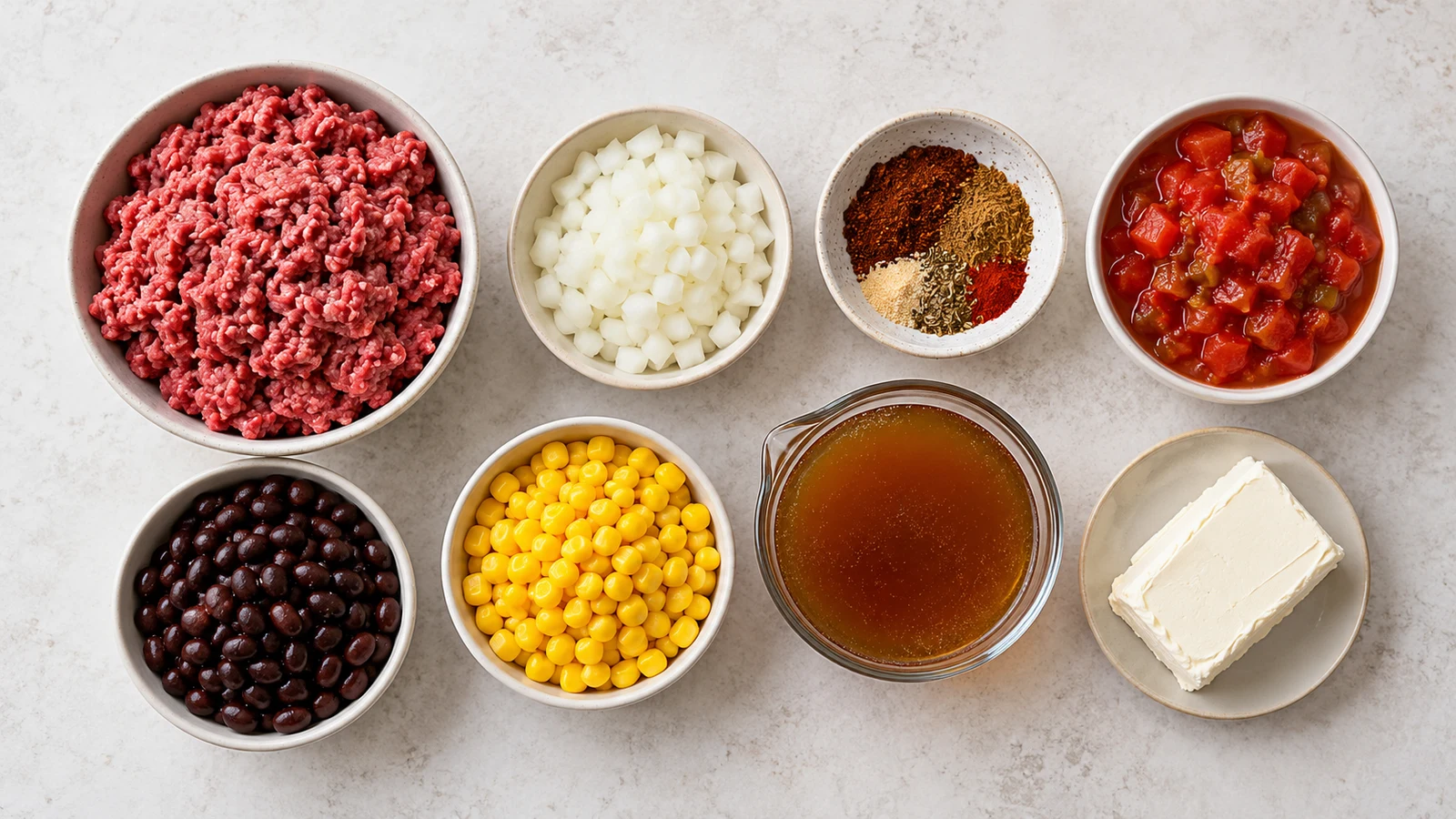 Creamy taco soup recipe: creamy taco soup ingredients arranged in bowls, including beef, beans, corn, tomatoes, broth, and cream cheese.