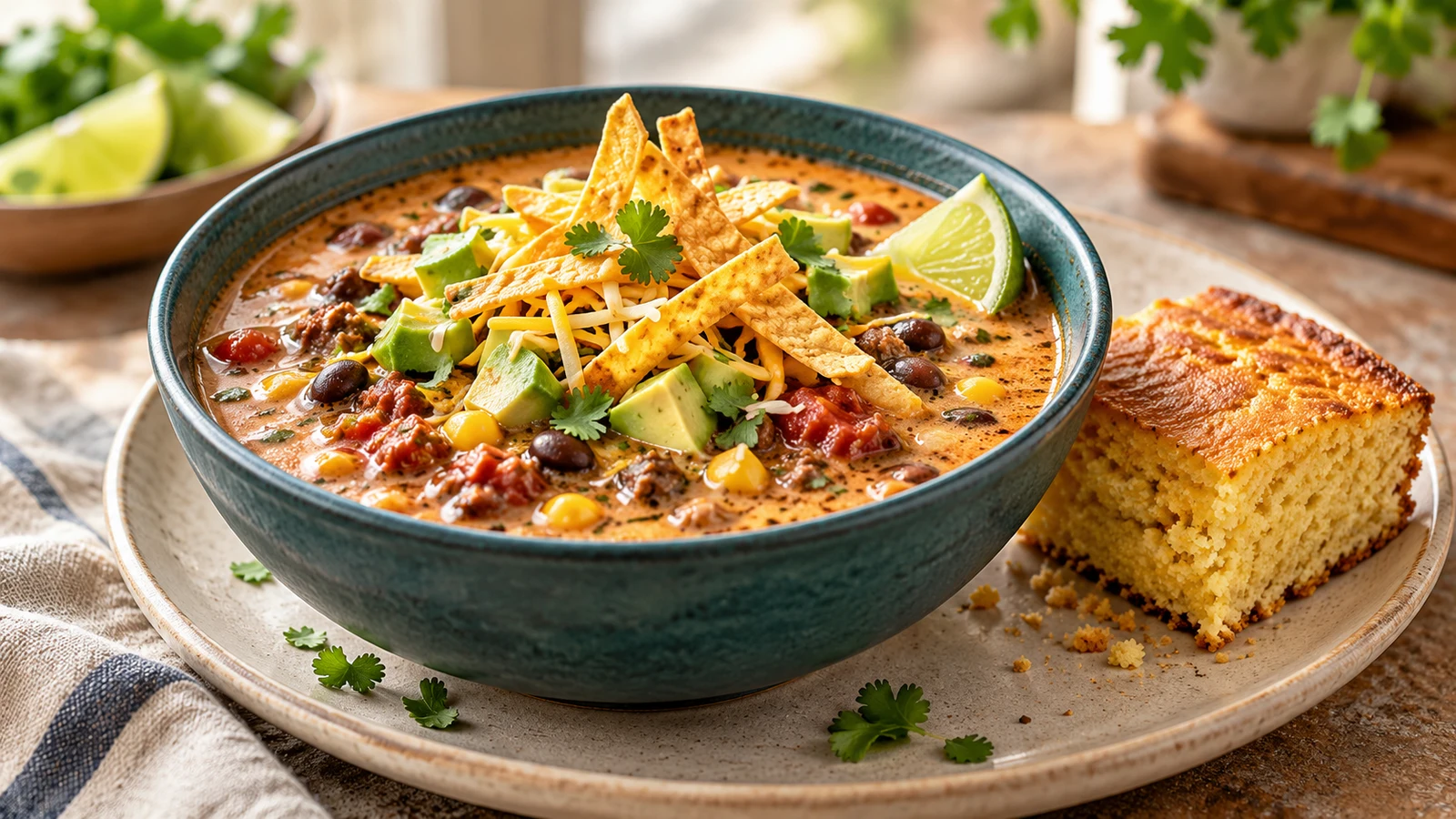 Creamy taco soup served with avocado, cheese, cilantro, lime, tortilla strips, and a slice of cornbread.