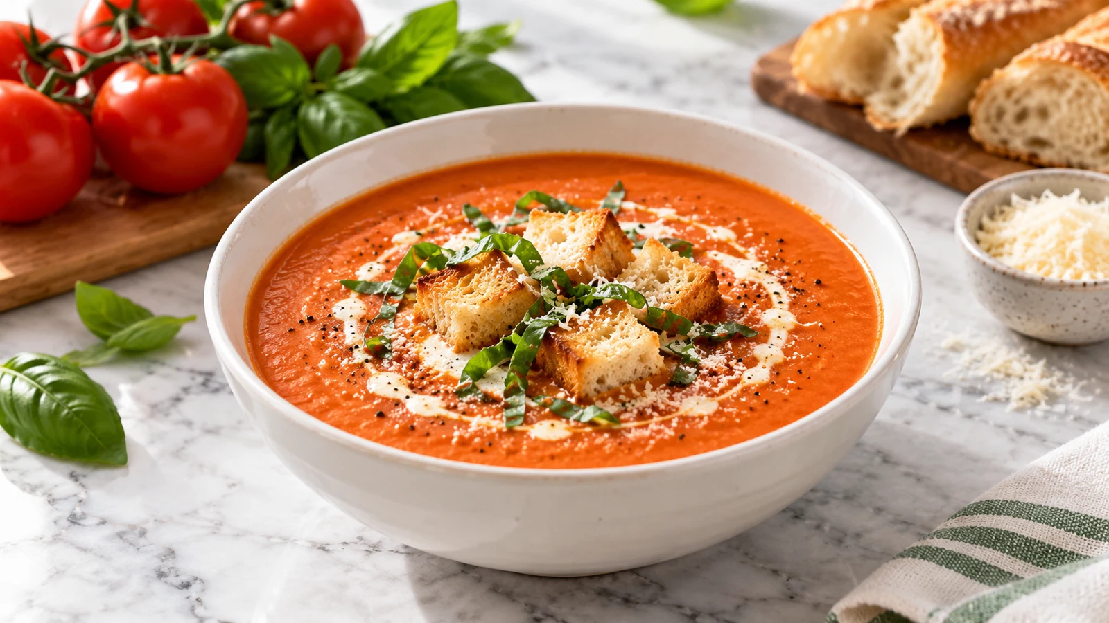 Creamy tomato basil soup topped with cream, basil, Parmesan, black pepper, and golden croutons.