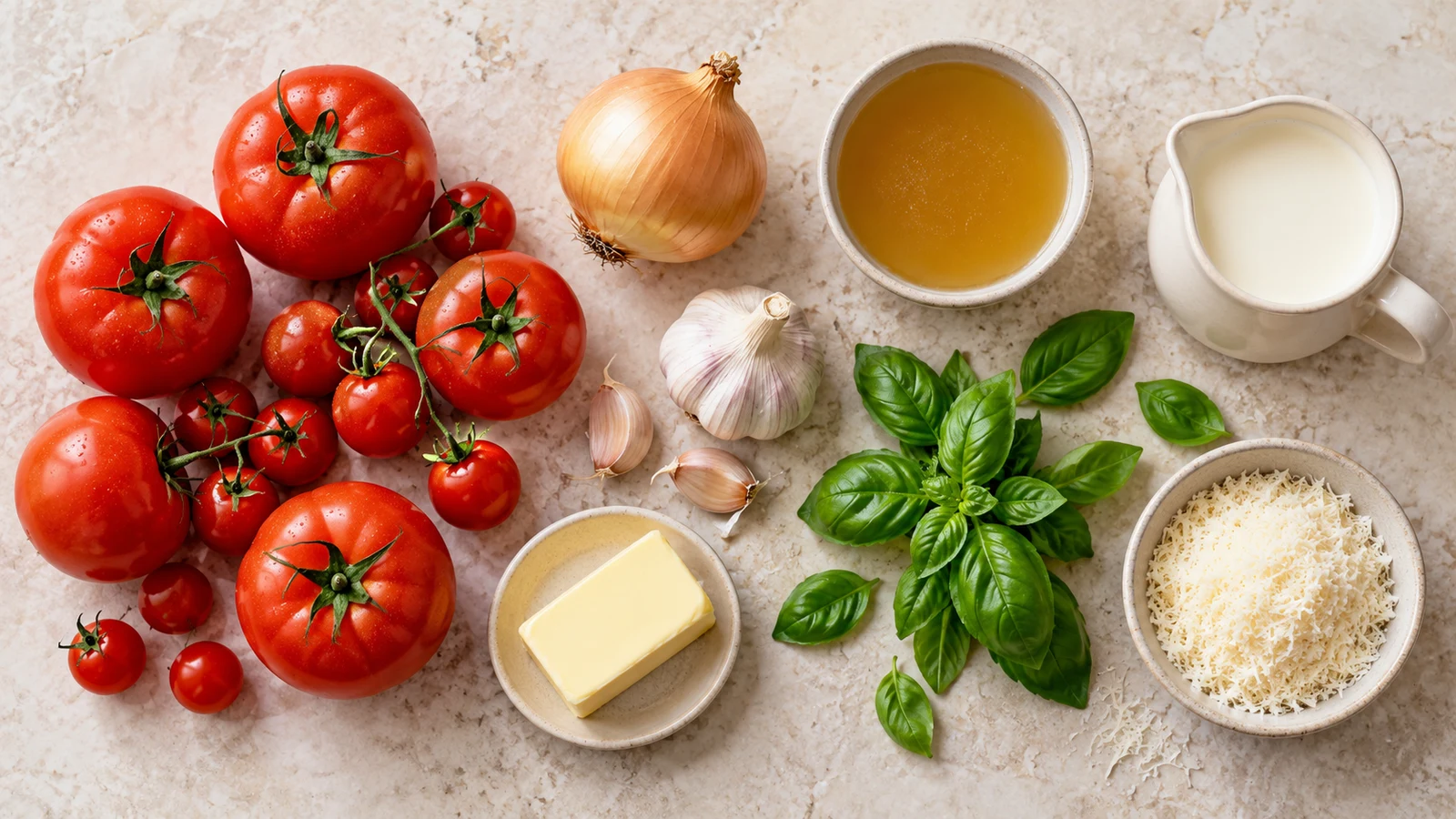 Creamy tomato basil soup recipe: ingredients for creamy tomato basil soup arranged in a bright, organized flat lay.