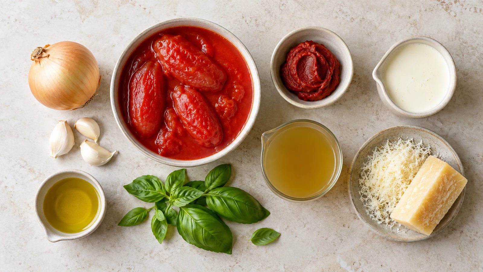 Creamy tomato basil soup recipe: ingredients for creamy tomato basil soup arranged in a bright, organized flat lay.
