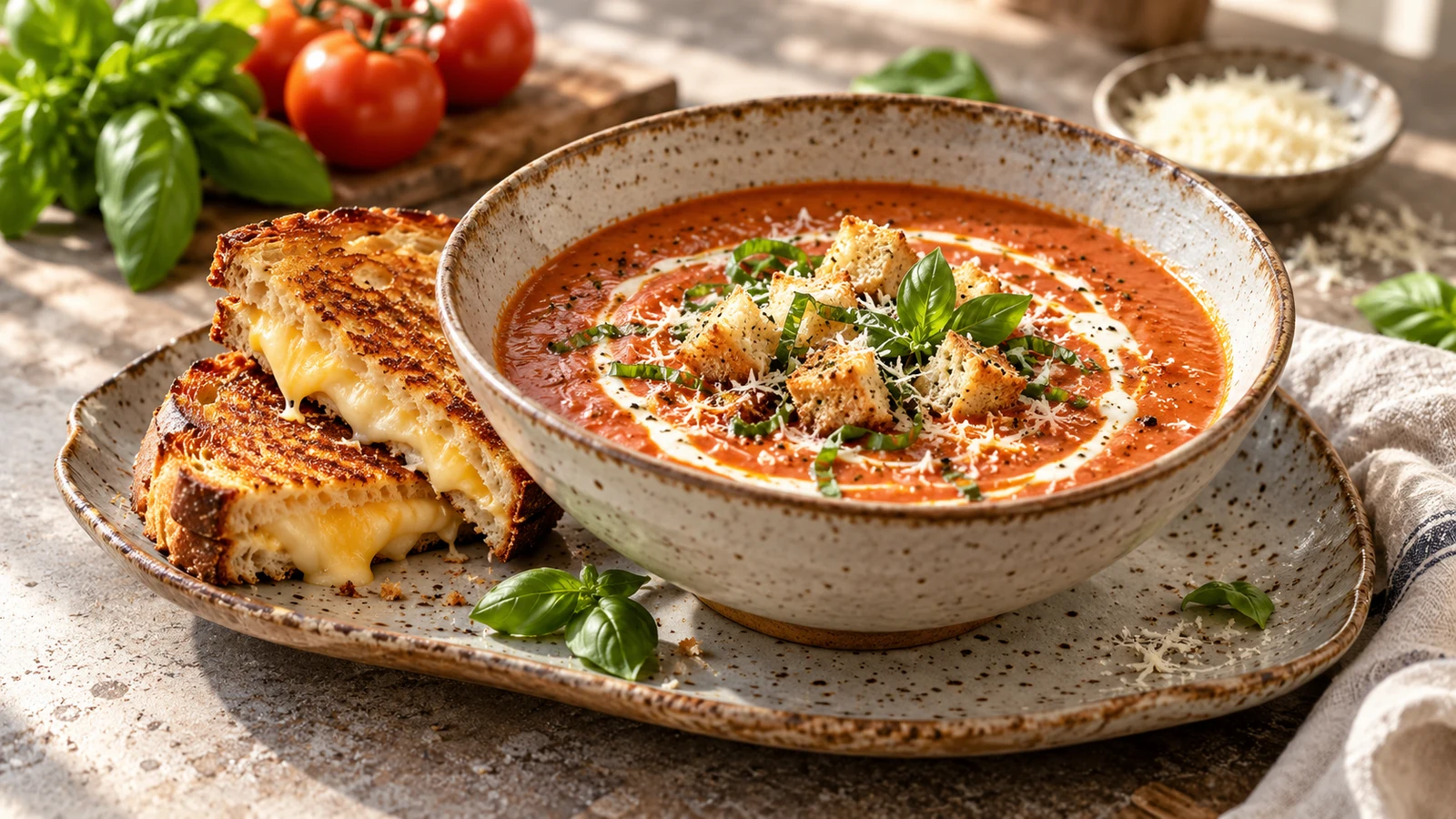 Creamy tomato basil soup served with a golden buttery grilled cheese sandwich.