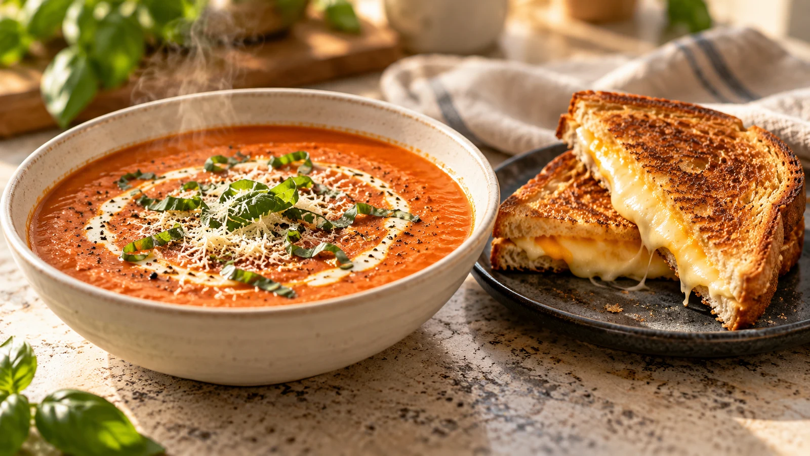 Creamy tomato basil soup served with a golden grilled-cheese sandwich and fresh basil.