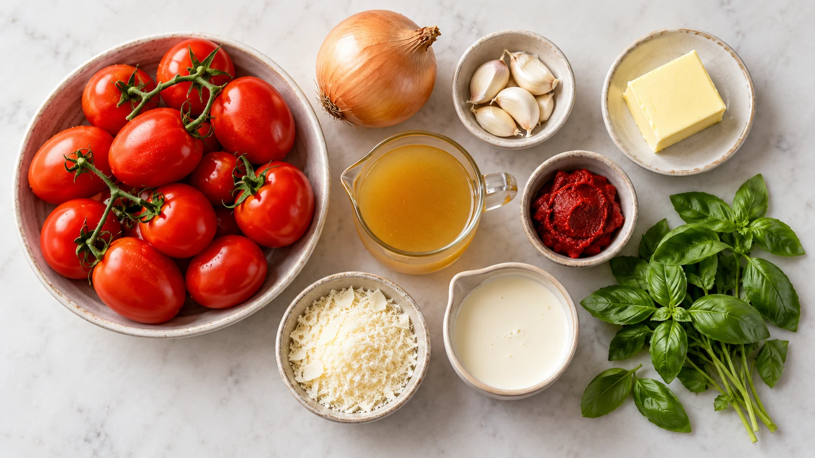 Creamy tomato soup recipe: creamy tomato soup ingredients with tomatoes, onion, garlic, basil, cream, Parmesan and vegetable stock.