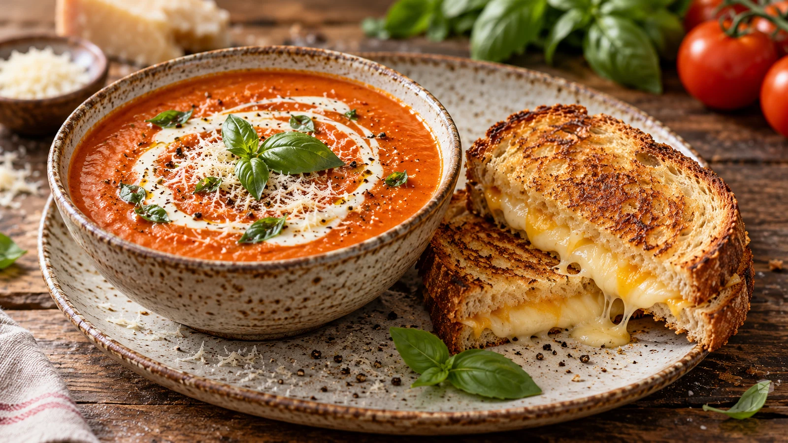 Creamy tomato soup served with a golden grilled-cheese sandwich, basil, Parmesan and a cream swirl.