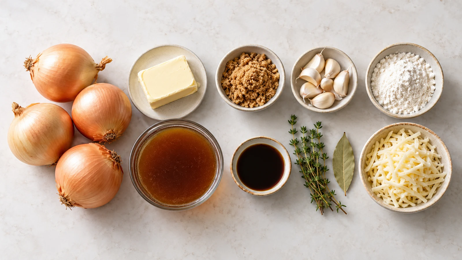 Crock pot french onion soup recipe: ingredients for crock pot French onion soup arranged in a bright, organized overhead flat lay.