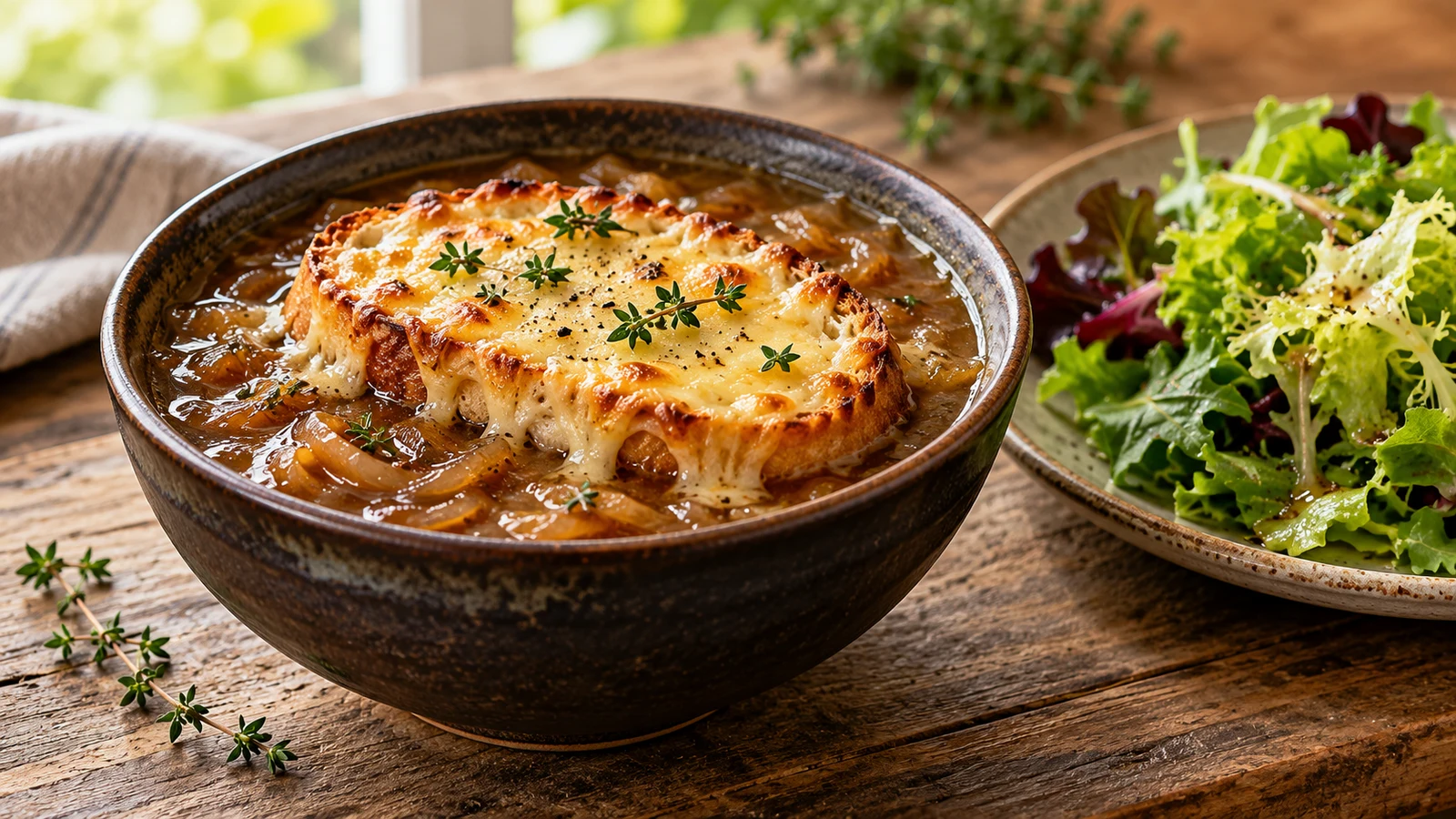 Crock pot French onion soup served with bubbling Gruyère, thyme, black pepper and a simple green salad.