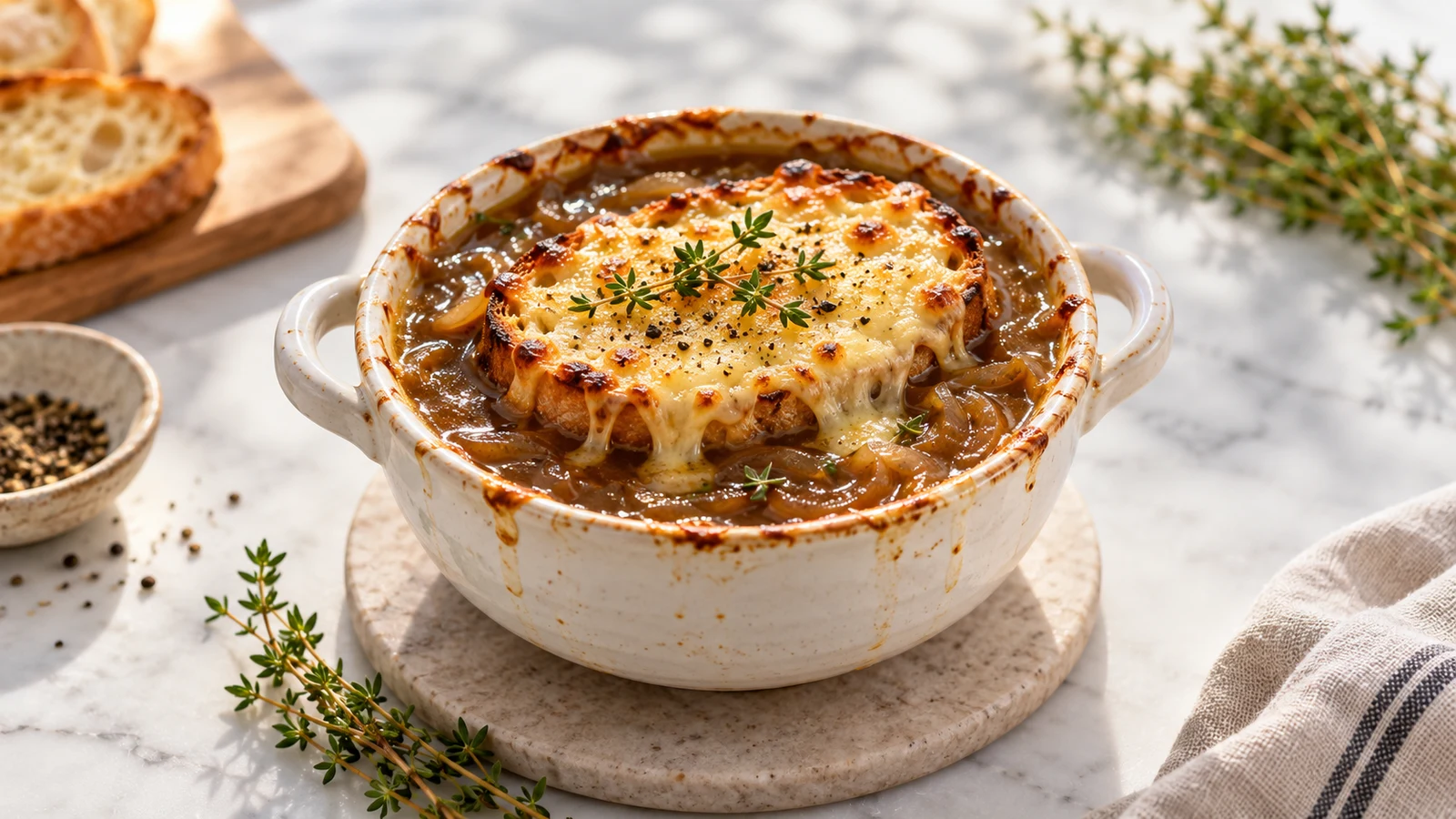 Crock pot French onion soup with caramelized onions, toasted baguette, melted Gruyère and fresh thyme.