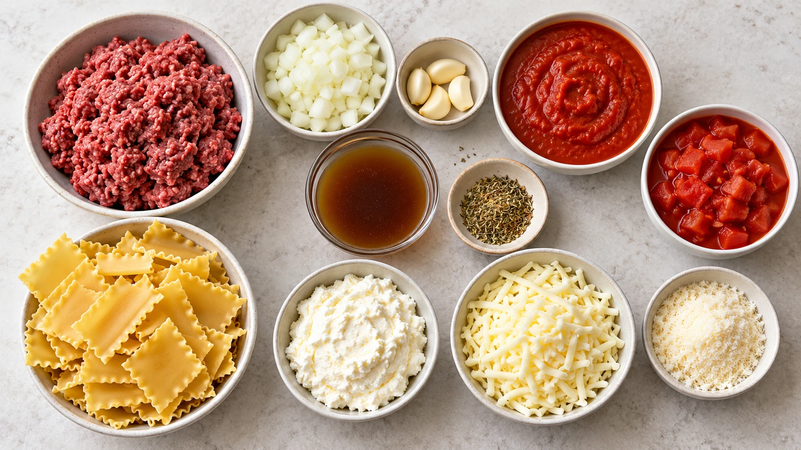Crockpot lasagna soup ingredients with beef, tomatoes, noodles, ricotta, mozzarella, Parmesan, onion, and garlic.