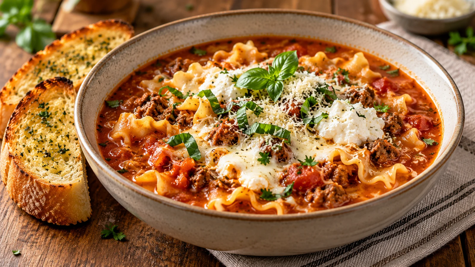 Crockpot lasagna soup served with ricotta, melted cheese, fresh herbs, and toasted garlic bread.