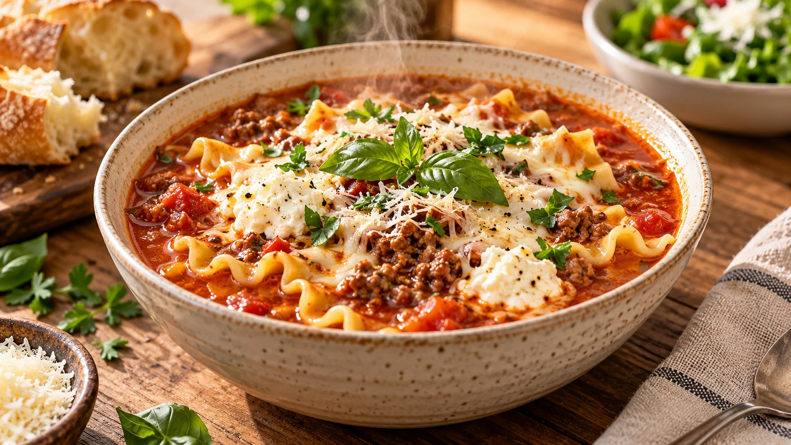 Crockpot lasagna soup recipe with beef, noodles, ricotta, melted cheese, basil, and parsley in a cream bowl.