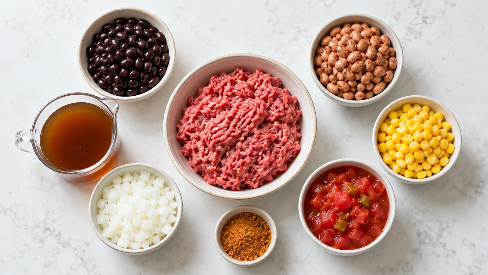 Crockpot taco soup recipe: ingredients for crockpot taco soup arranged in bowls with beef, beans, corn, tomatoes, onion and seasoning.
