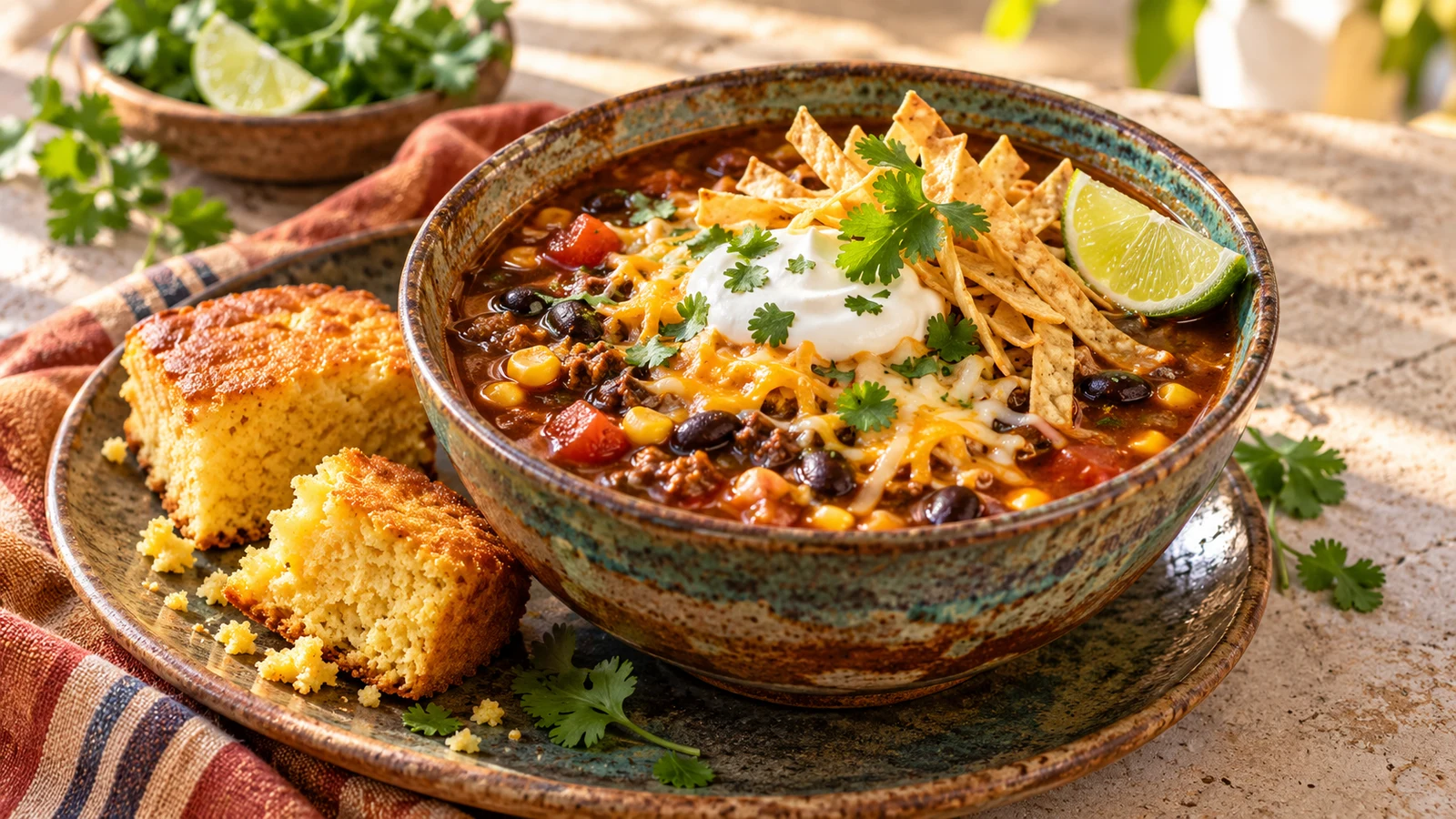 Crockpot taco soup topped with cheese, sour cream, cilantro and tortilla strips, served with warm cornbread.