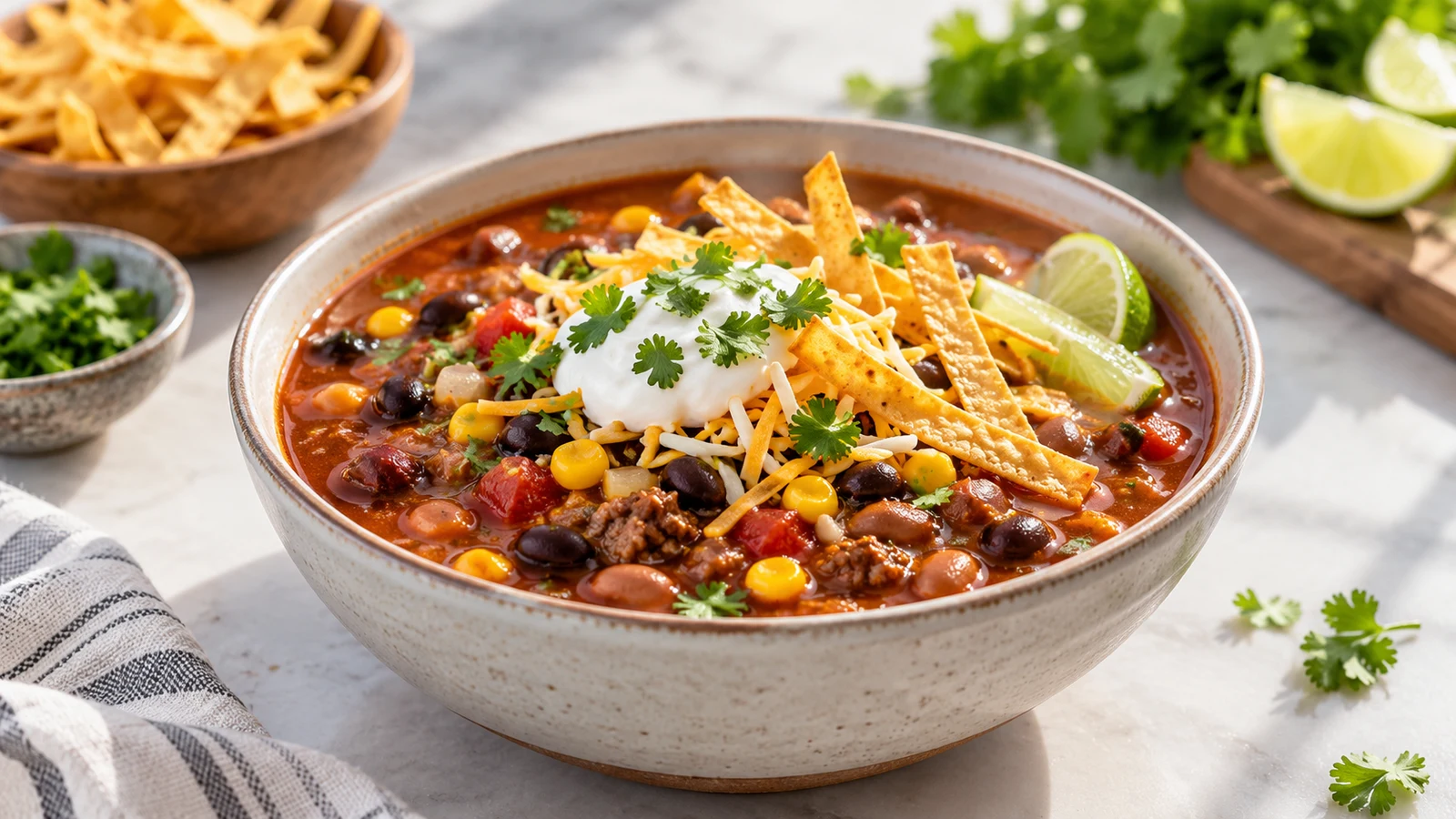 Crockpot taco soup with beef, beans, corn, cheese, sour cream, cilantro, lime and tortilla strips.