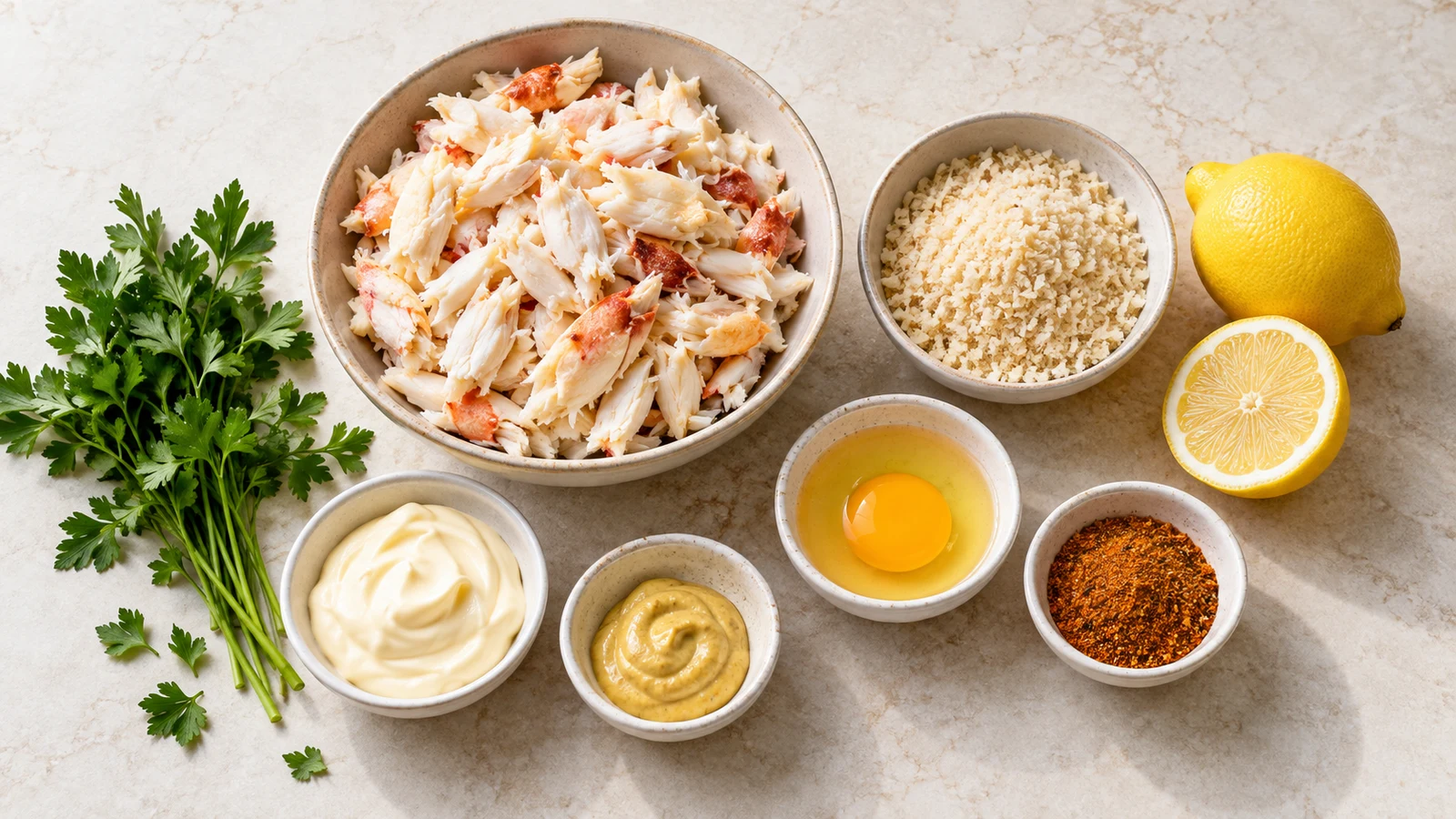 Dungeness crab cake ingredients arranged with crab, panko, egg, mayonnaise, Dijon, lemon, parsley and Old Bay.