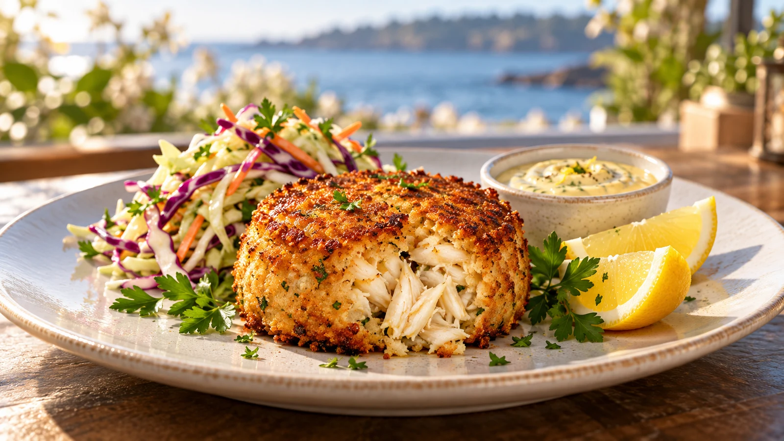Dungeness crab cake served with parsley, lemon wedges, cabbage slaw and creamy lemon-Dijon sauce.