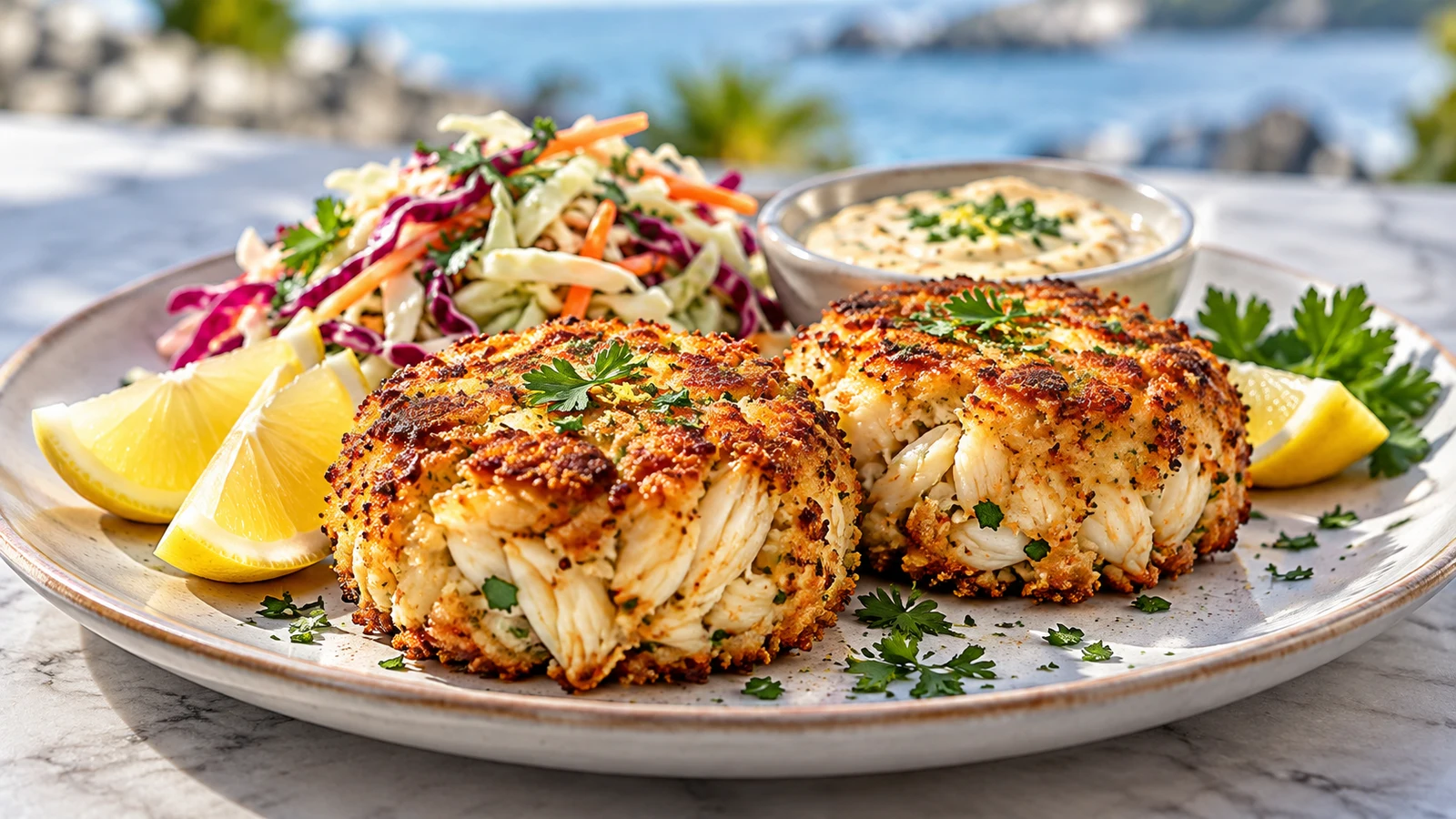 Dungeness crab cake recipe with golden patties, lemon-Dijon sauce, parsley, lemon wedges and cabbage slaw.