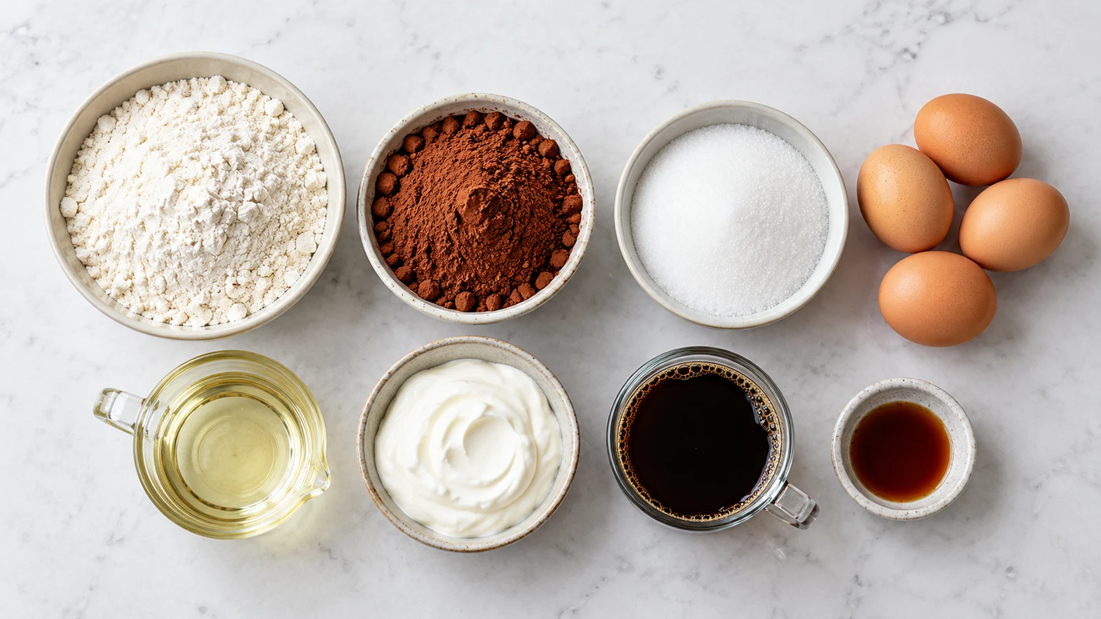 Easy moist chocolate cake recipe: ingredients for easy moist chocolate cake arranged in bowls on a light surface.