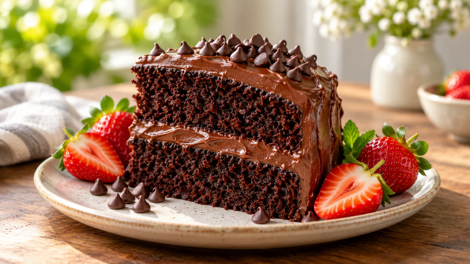 Slice of easy moist chocolate cake with mini chocolate chips and fresh strawberries.