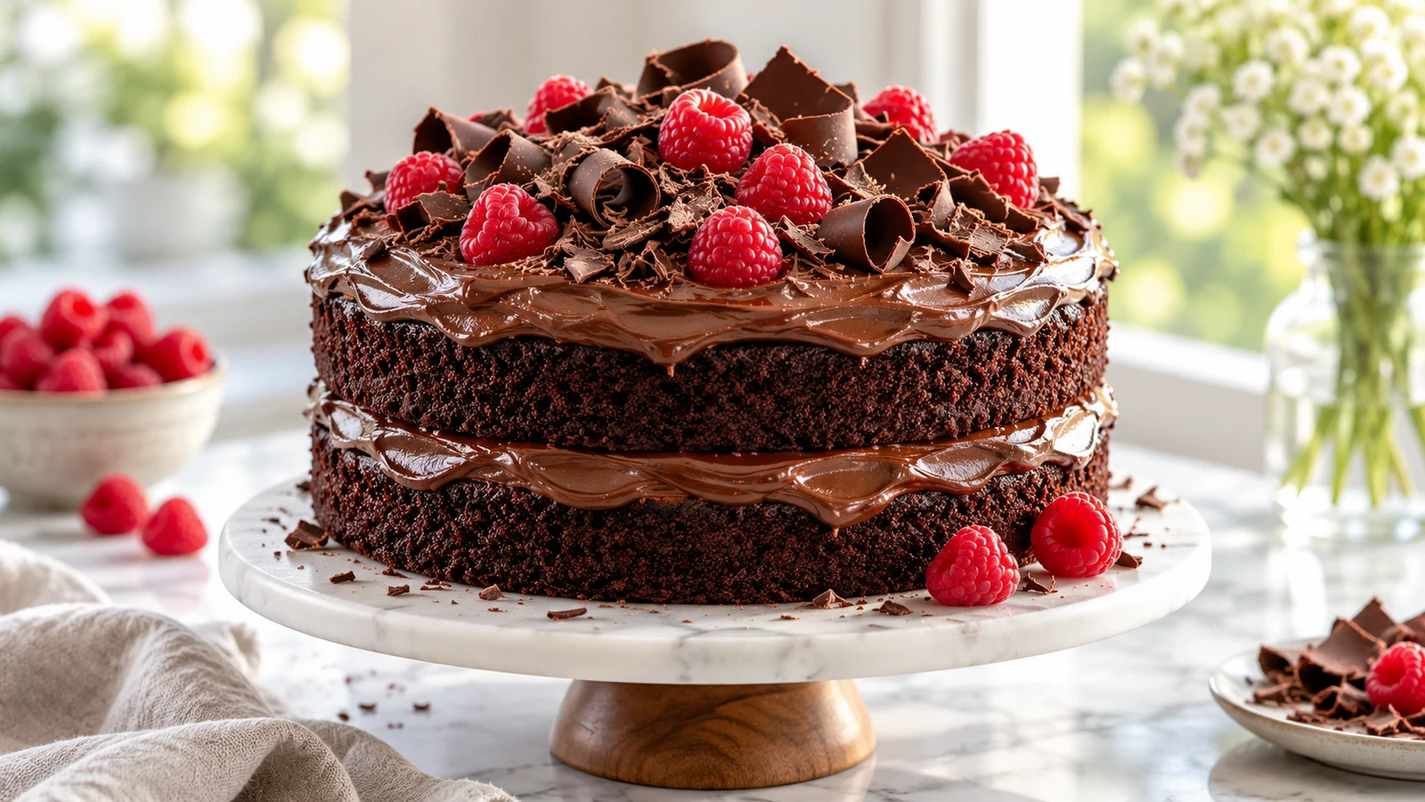 Easy moist chocolate cake with glossy frosting, chocolate curls, and fresh raspberries.