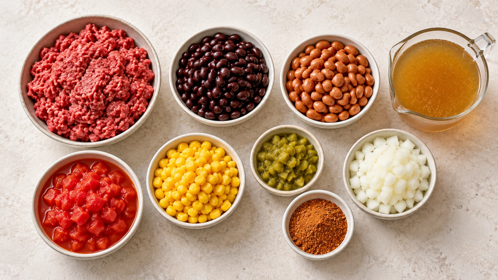 Easy taco soup recipe: easy taco soup ingredients with ground beef, beans, corn, tomatoes, green chiles, onion, broth and seasoning.