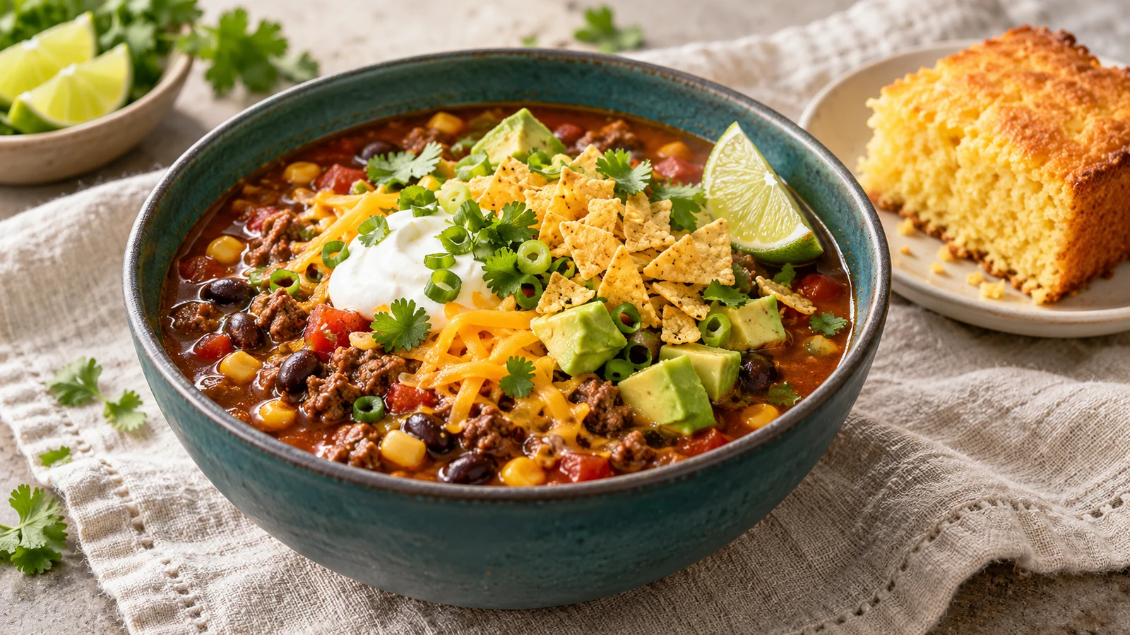 Easy taco soup topped with avocado, cheddar and sour cream, served with golden cornbread.