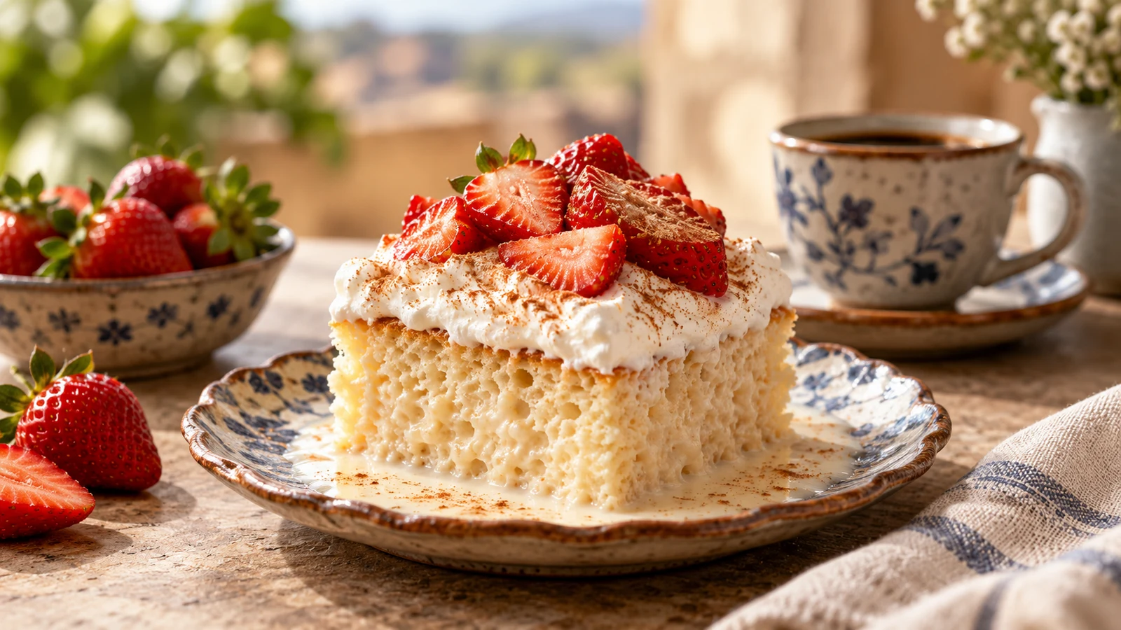 Easy tres leches cake slice with strawberries, cinnamon, fresh fruit, and coffee.