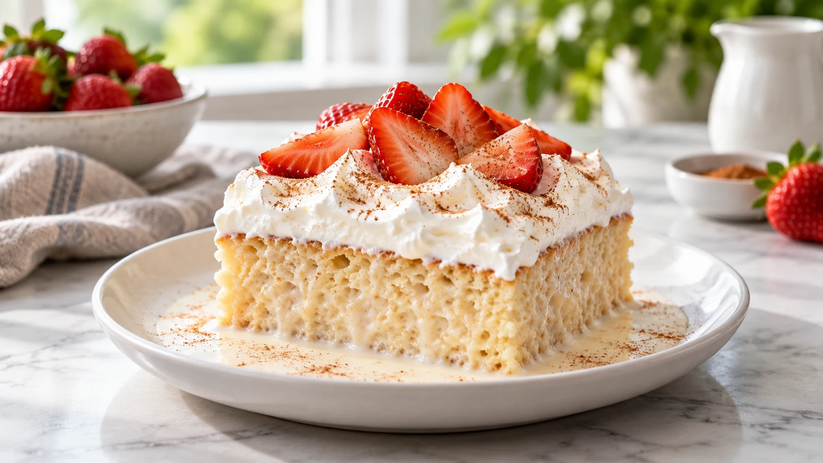 Easy tres leches cake recipe topped with whipped cream, fresh strawberries, and a light cinnamon dusting.