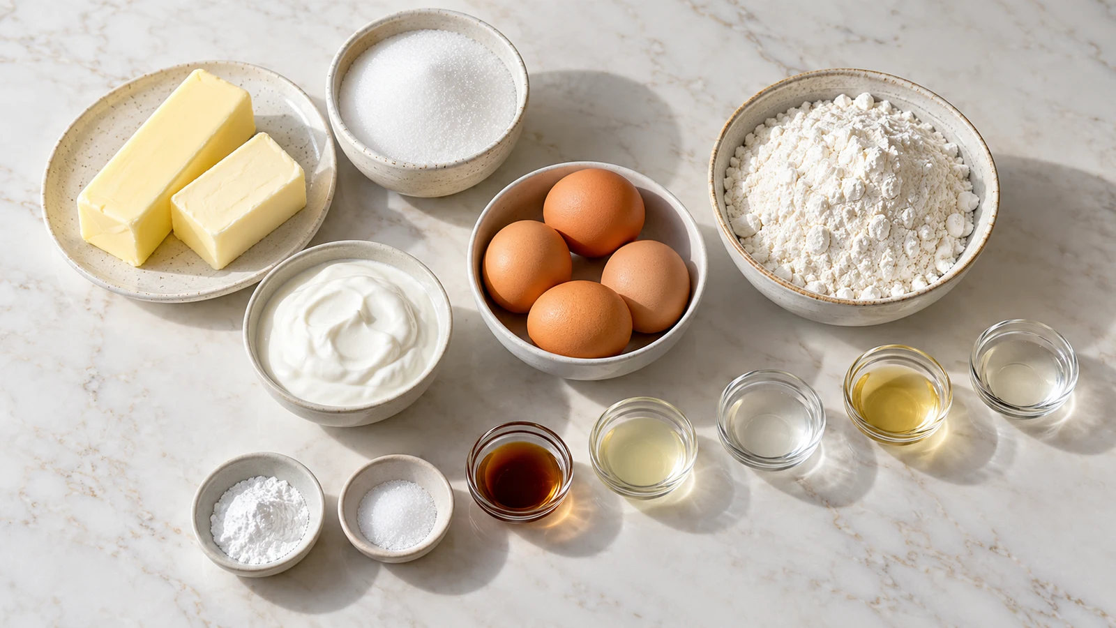 Five flavor pound cake recipe: ingredients for five flavor pound cake arranged in bowls with flour, butter, eggs, sour cream and extracts.