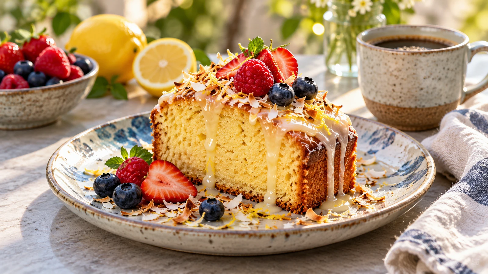 Slice of five flavor pound cake with glaze, lemon zest, coconut, berries, fresh fruit and coffee.