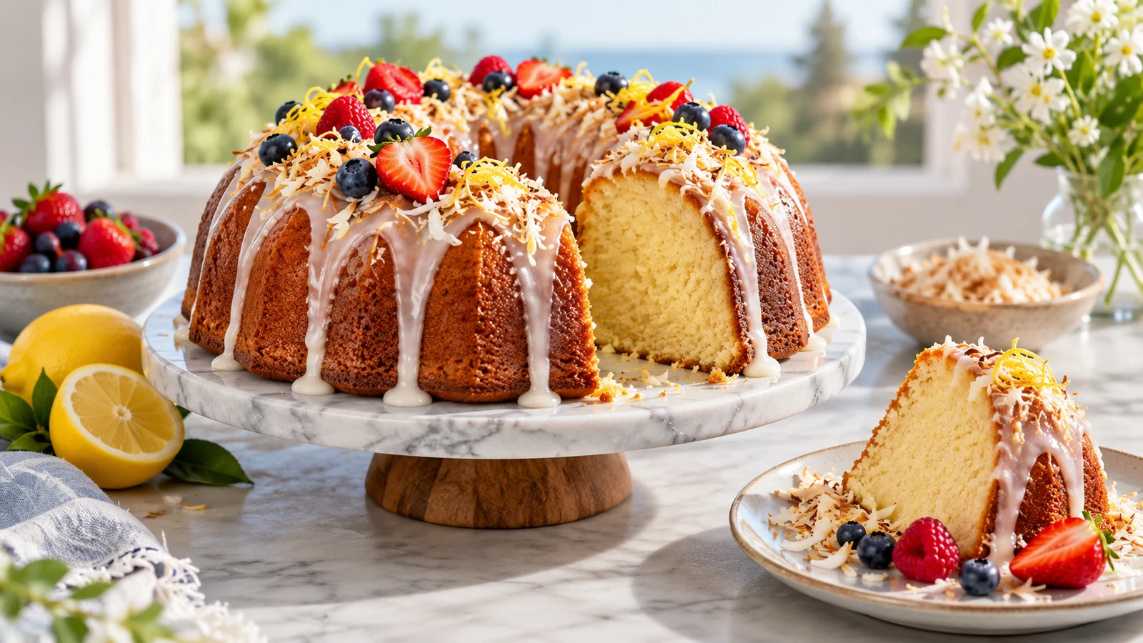 Five flavor pound cake Bundt with glossy glaze, toasted coconut, berries and one plated slice.