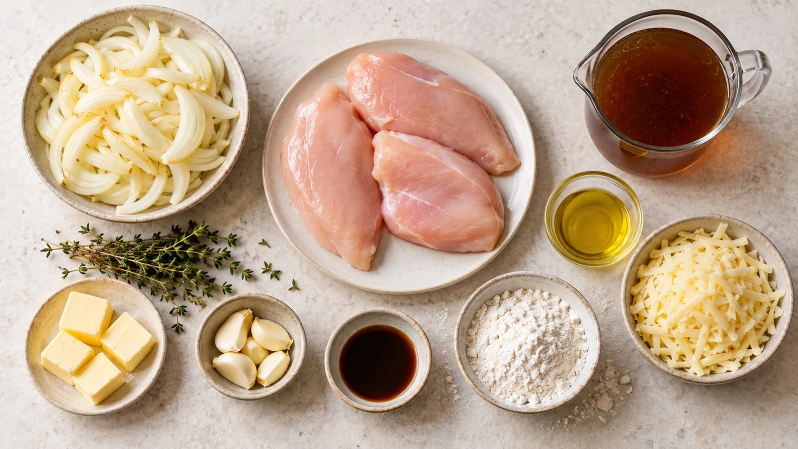French onion soup chicken recipe: ingredients for French onion soup chicken arranged in a bright, organized overhead flat lay.