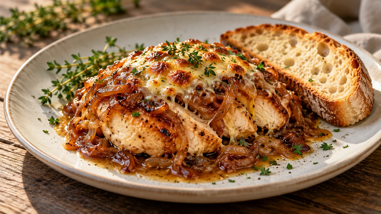 French onion soup chicken served with melted Gruyere, fresh herbs and rustic crusty bread.