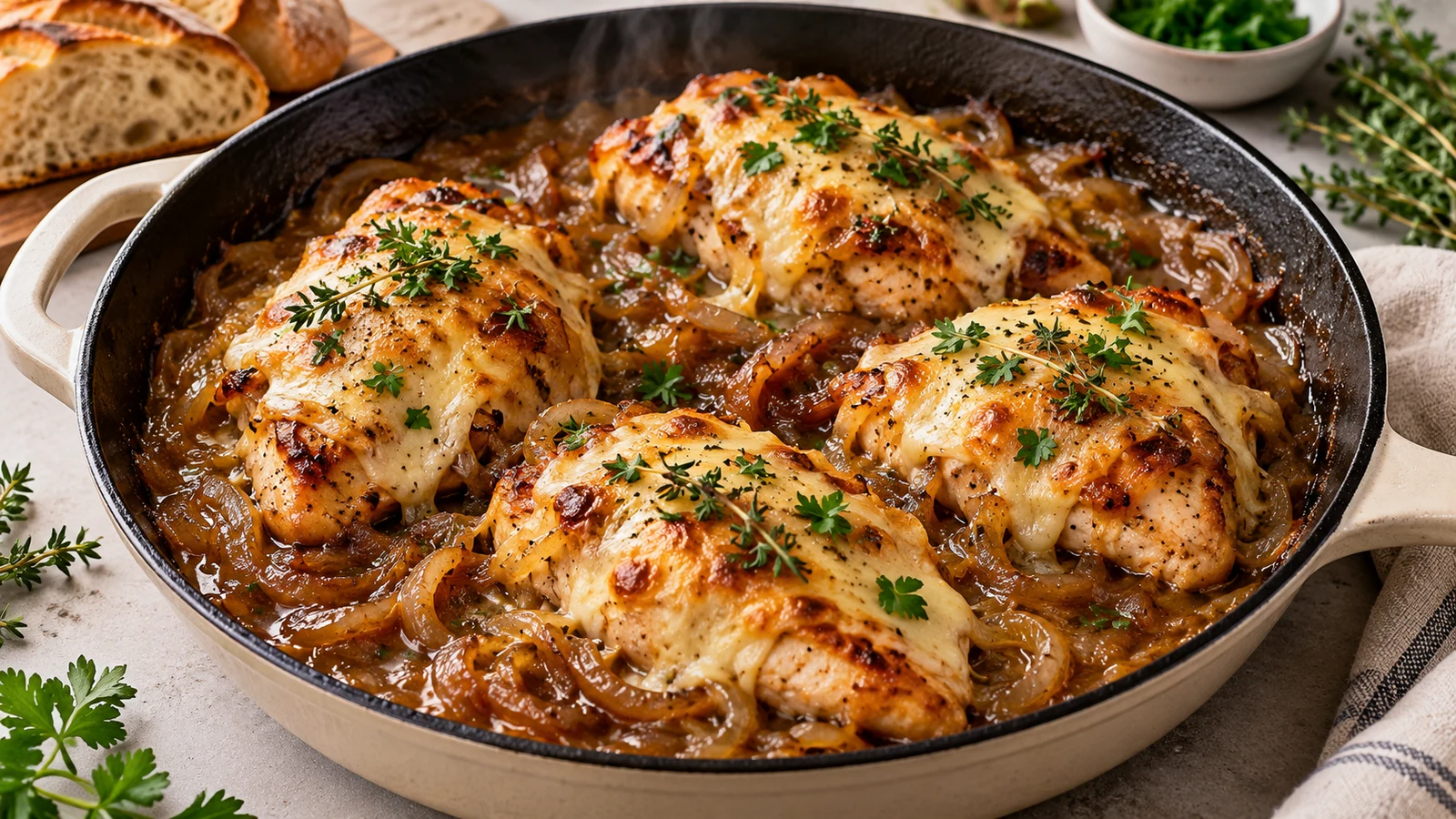 French onion soup chicken with caramelized onions, browned Gruyere and fresh herbs in a skillet.