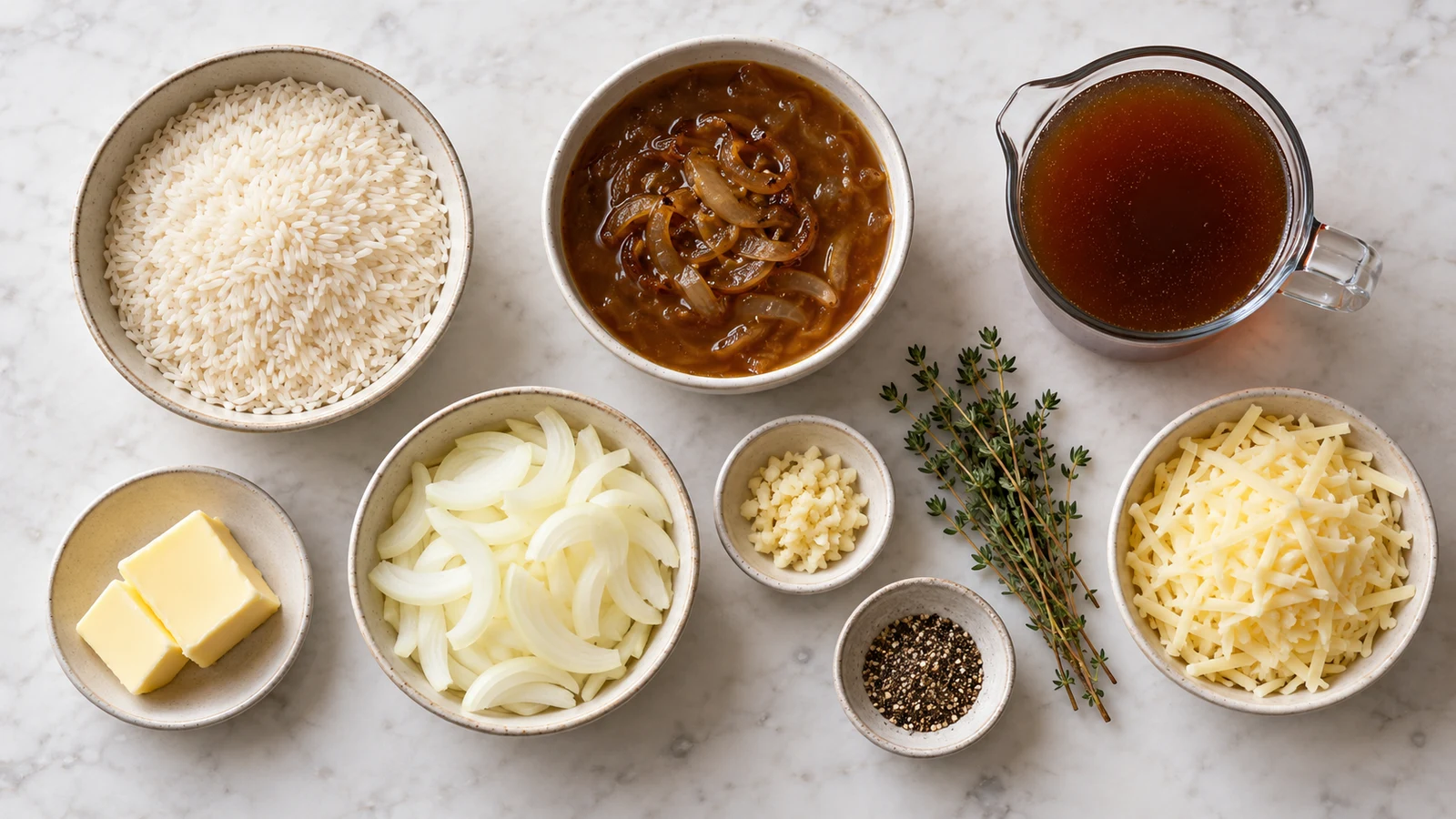 French onion soup rice recipe: ingredients for French onion soup rice arranged in bowls with rice, onion, broth, butter, herbs and Gruyère.