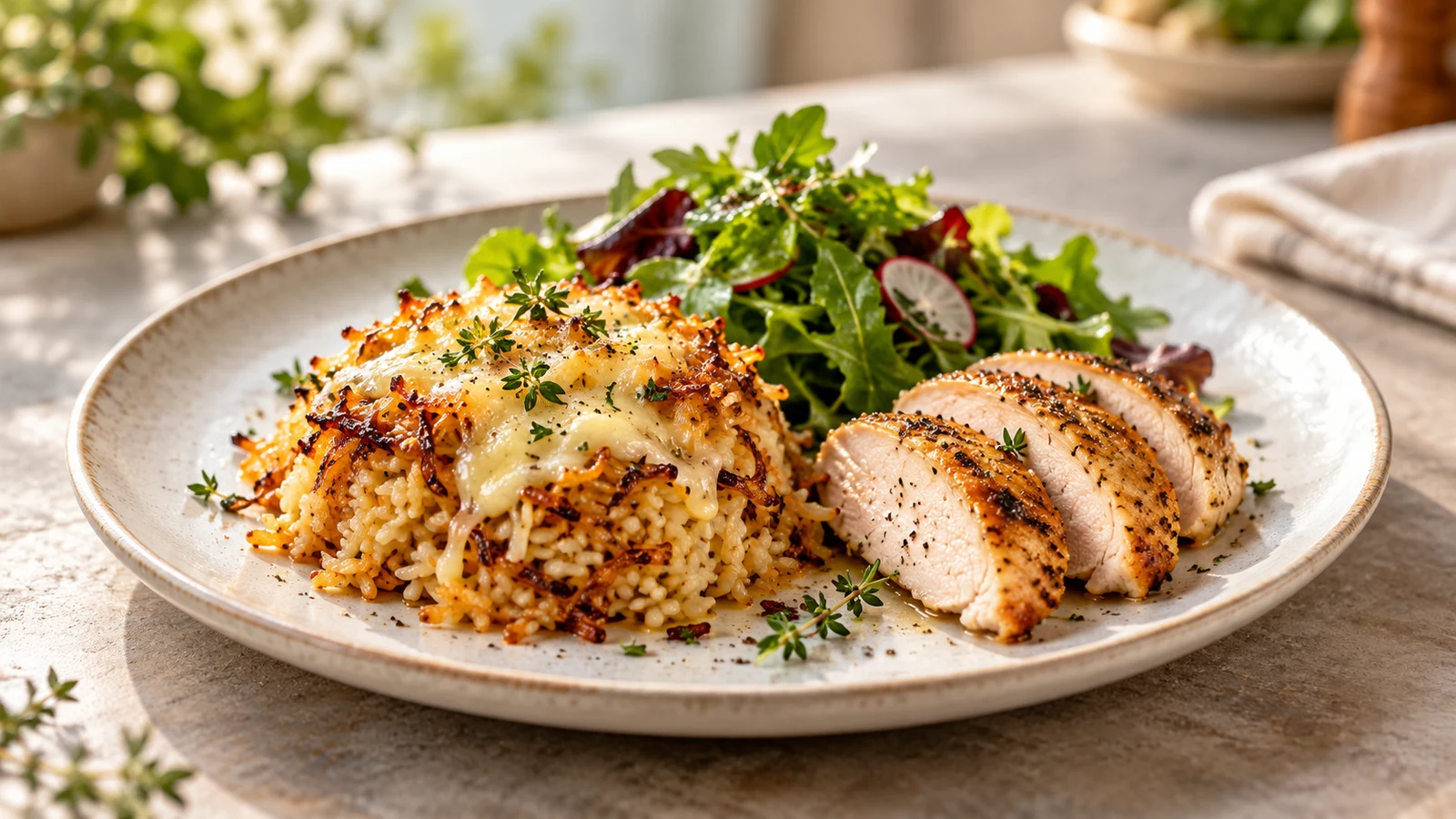 French onion soup rice served with roast chicken and green salad, garnished with thyme and parsley.