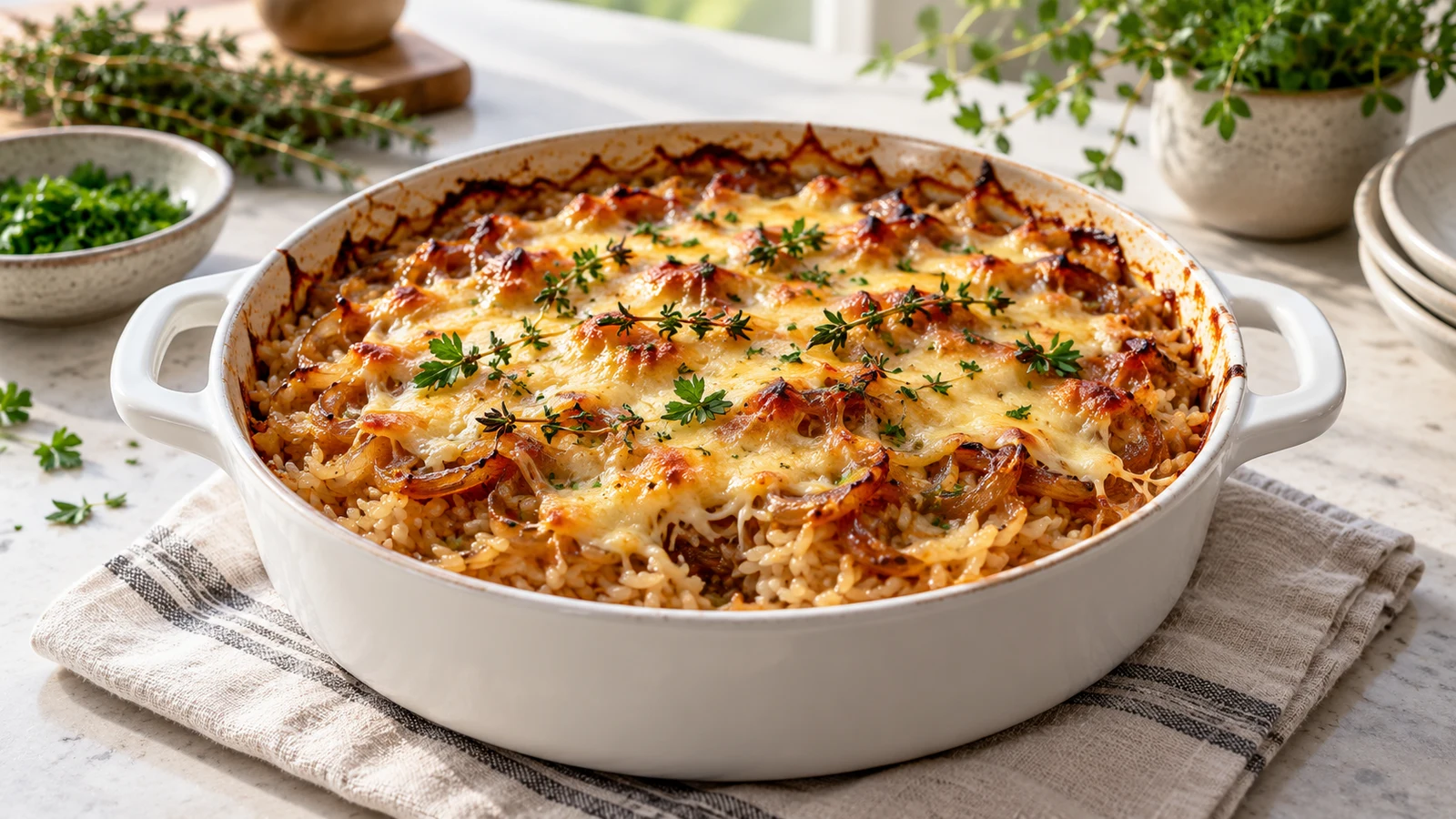 French onion soup rice with golden edges, melted Gruyère, thyme and parsley in a white casserole dish.