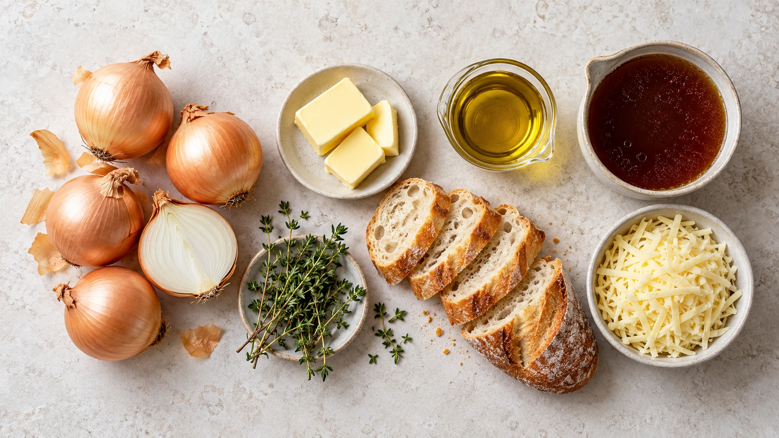 French onion soup with gruyere cheese recipe: ingredients for French onion soup with Gruyere cheese arranged in a bright, organized flat lay.