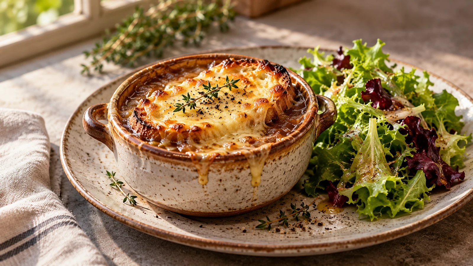 French onion soup with Gruyere cheese served with fresh thyme and a green salad.