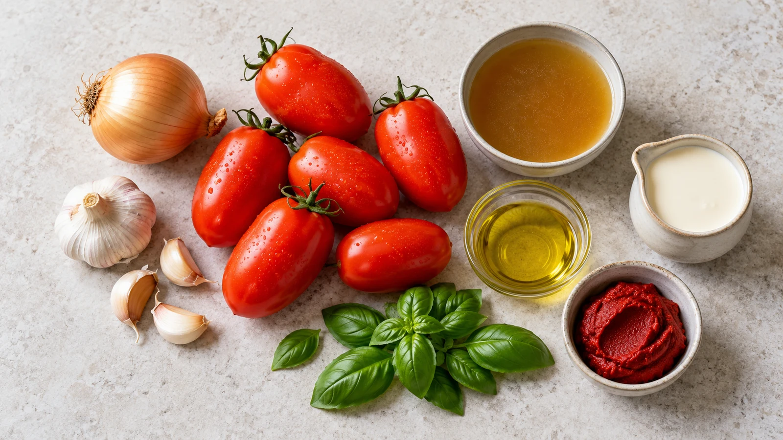Fresh tomato soup recipe: fresh tomato soup ingredients with Roma tomatoes, onion, garlic, basil, cream, stock, oil, and tomato paste.