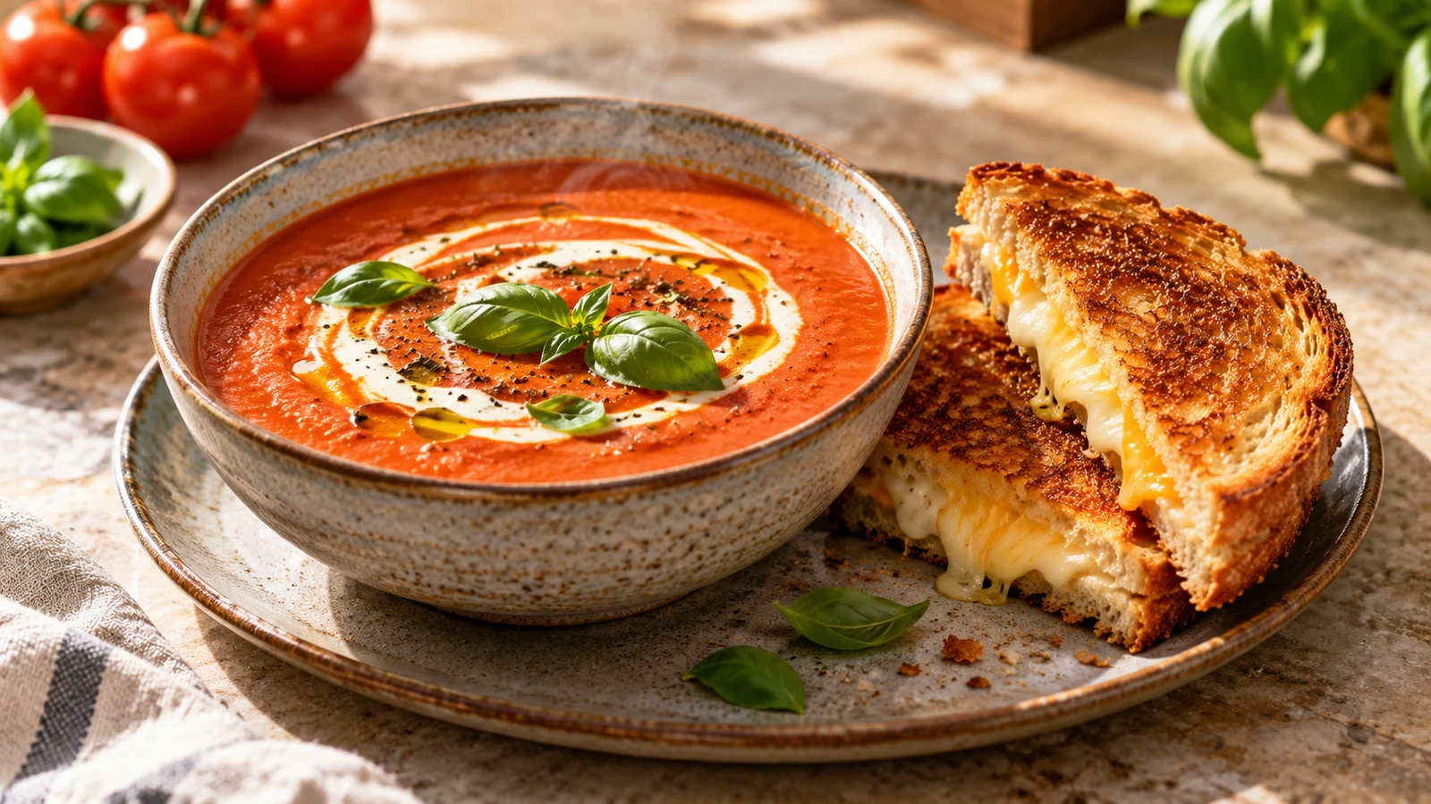 Fresh tomato soup served with a golden grilled-cheese sandwich, cream swirl, basil, and black pepper.