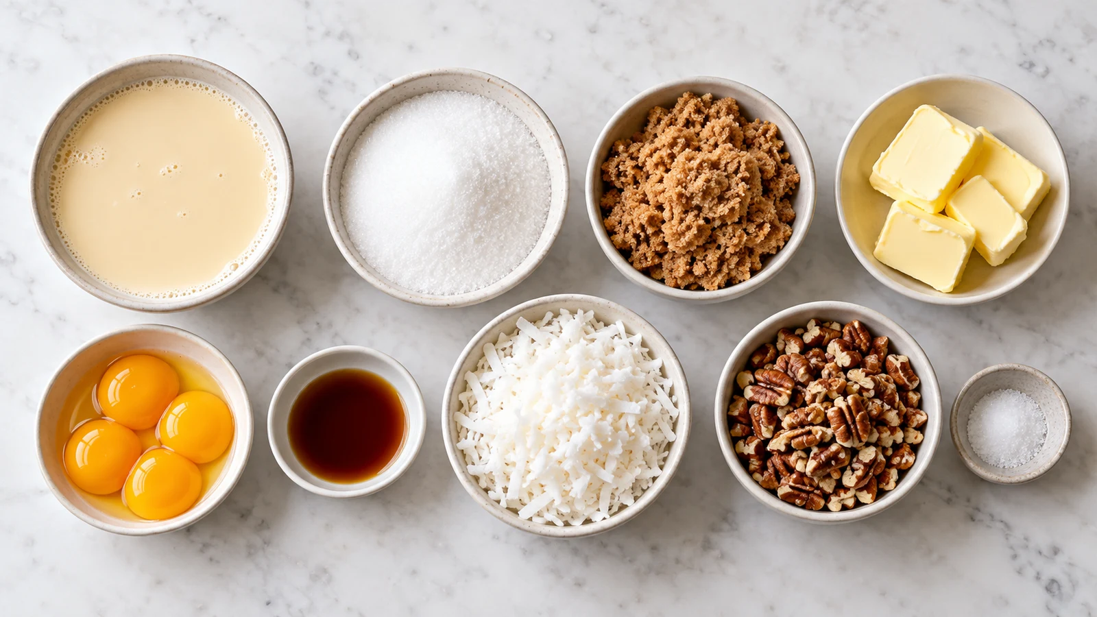 German chocolate cake frosting recipe: ingredients for German chocolate cake frosting arranged in a bright, organized flat lay.
