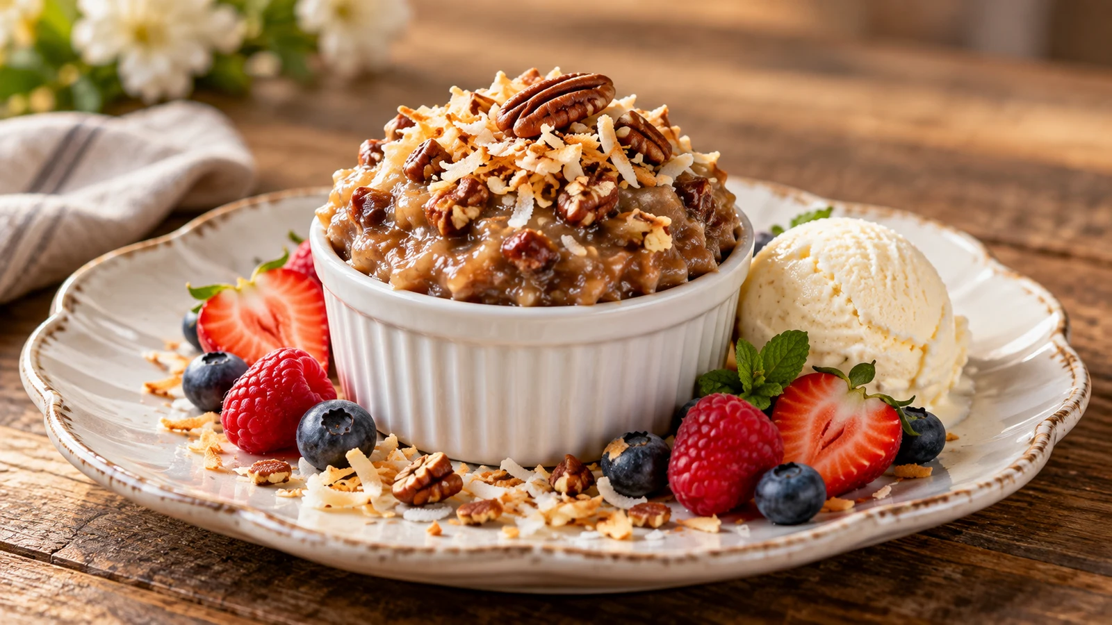 German chocolate cake frosting with toasted coconut, pecans, vanilla ice cream, and berries.