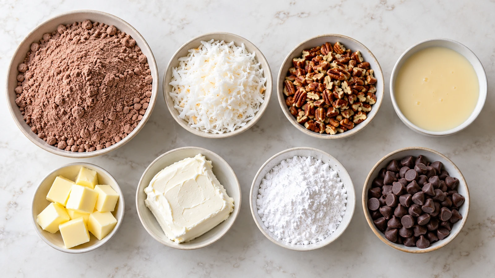 German chocolate dump cake recipe: ingredients for German chocolate dump cake arranged in bowls on a light surface.