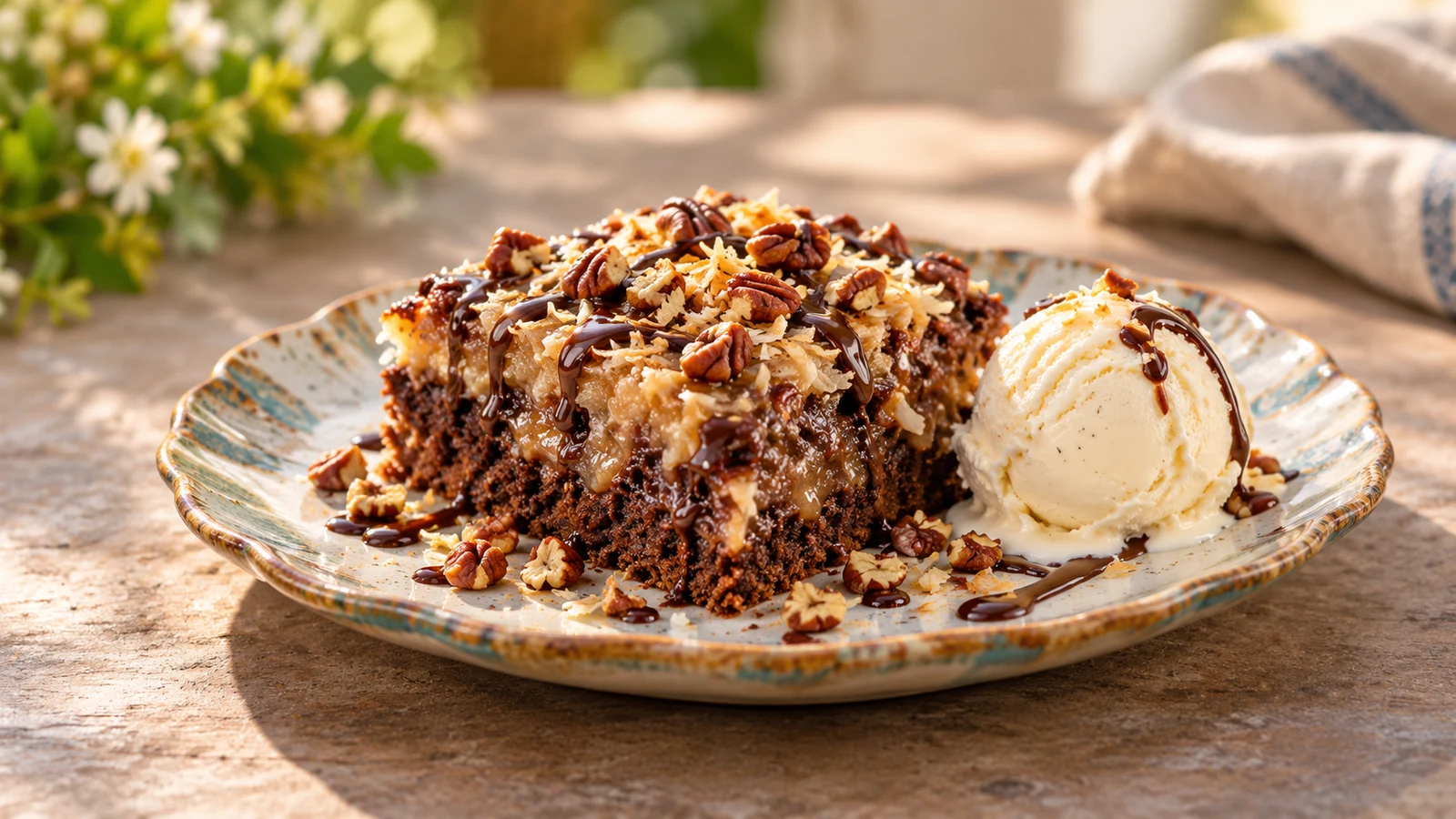 German chocolate dump cake served warm with pecans, toasted coconut, chocolate drizzle, and vanilla ice cream.