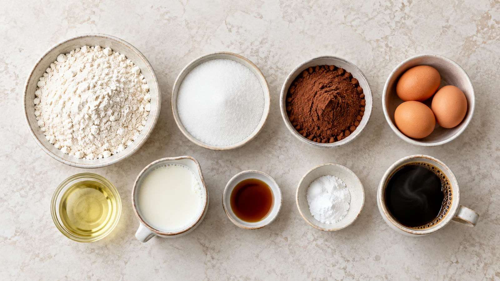 Gluten free chocolate cake recipe: ingredients for gluten free chocolate cake arranged in bowls on a bright stone surface.